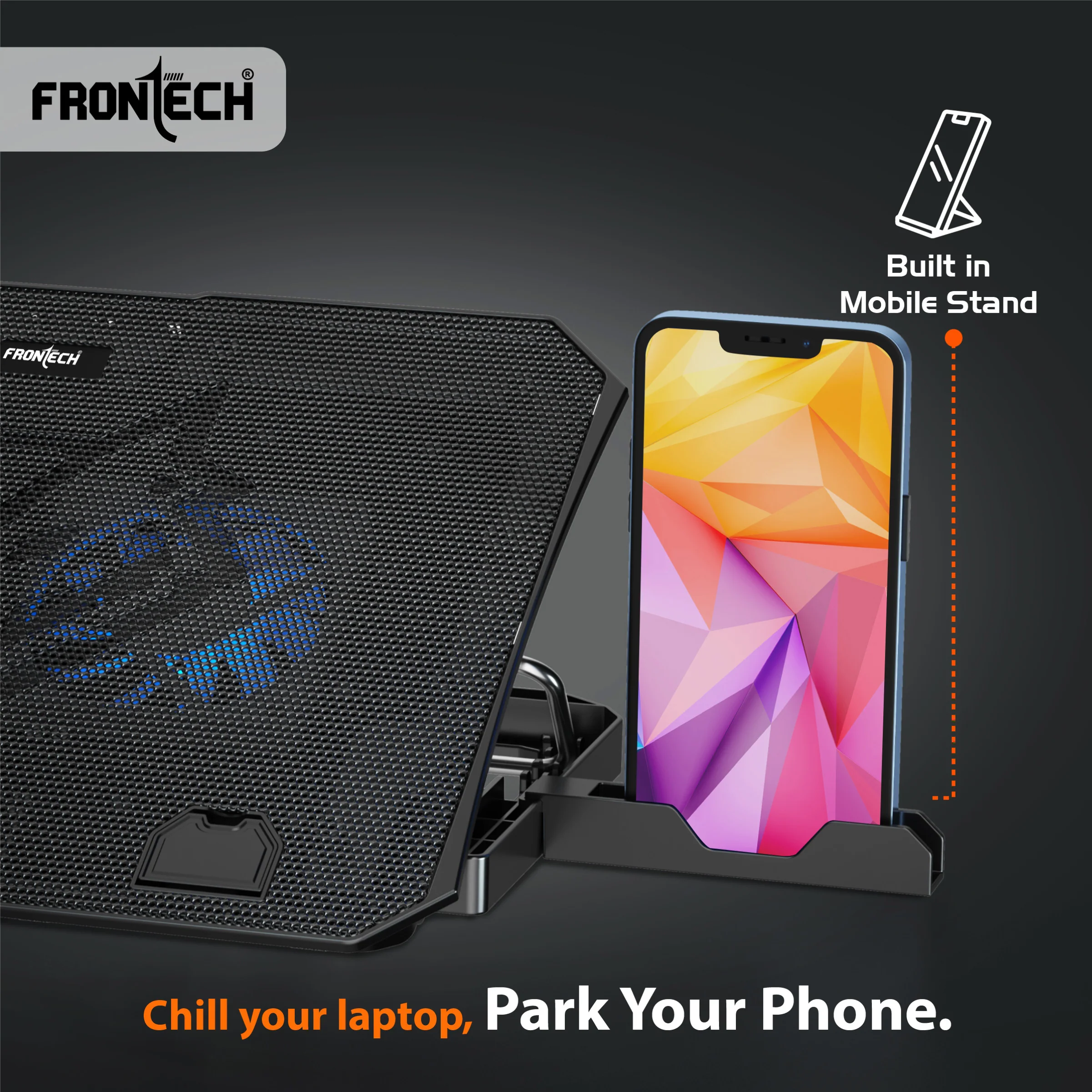 Frontech Laptop Cooling Pad | 2x125mm LED Fans | 5-Level Adjustable Height | Built-in Mobile Stand | For Laptops up to 15.6" (CP-0016) - Image 5