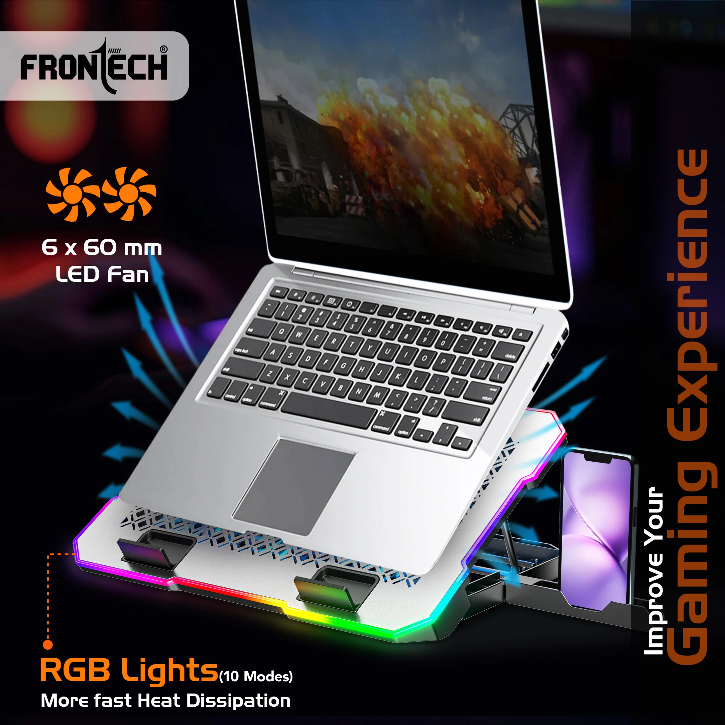 Frontech Laptop Cooling Pad | 6×60mm RGB Fans | Heat Dissipation Design | Adjustable Height & Angle | Mobile Stand | Dual USB 2.0 | Anti-slip Holder | 9–17 Inch Laptops | 1 Year Warranty (CP-0014) - Image 2