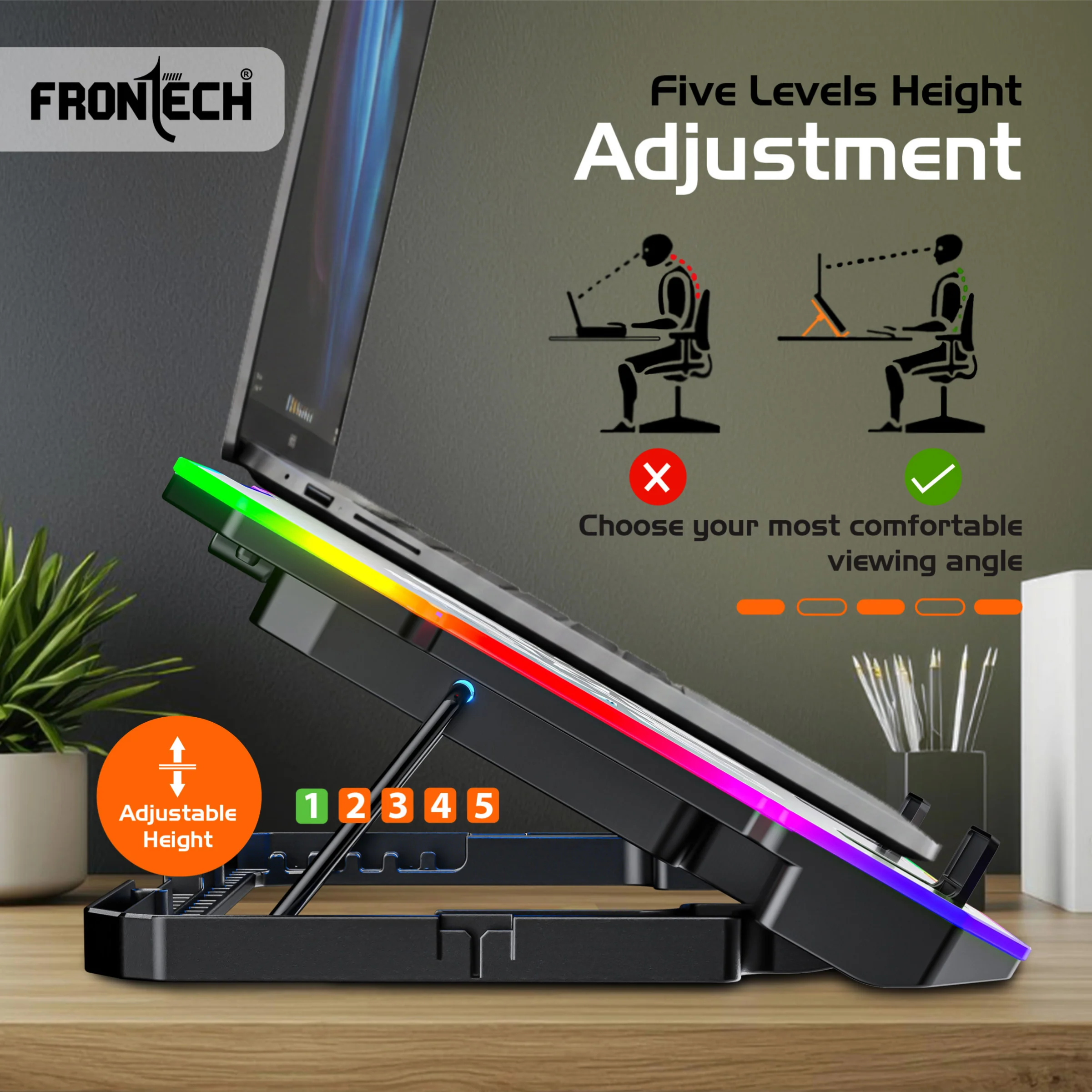 Frontech Laptop Cooling Pad | 6×60mm RGB Fans | Heat Dissipation Design | Adjustable Height & Angle | Mobile Stand | Dual USB 2.0 | Anti-slip Holder | 9–17 Inch Laptops | 1 Year Warranty (CP-0014) - Image 3