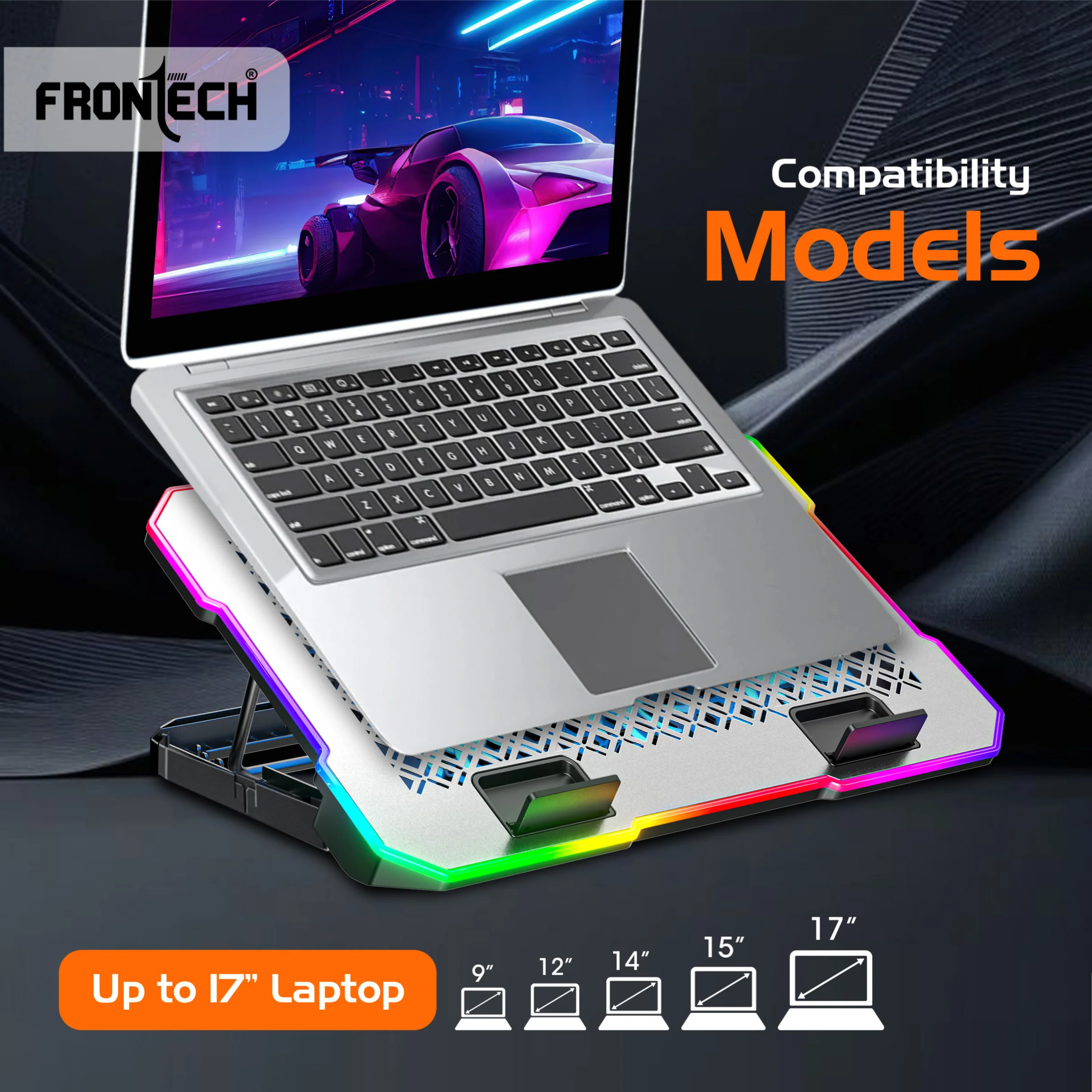 Frontech Laptop Cooling Pad | 6×60mm RGB Fans | Heat Dissipation Design | Adjustable Height & Angle | Mobile Stand | Dual USB 2.0 | Anti-slip Holder | 9–17 Inch Laptops | 1 Year Warranty (CP-0014) - Image 4
