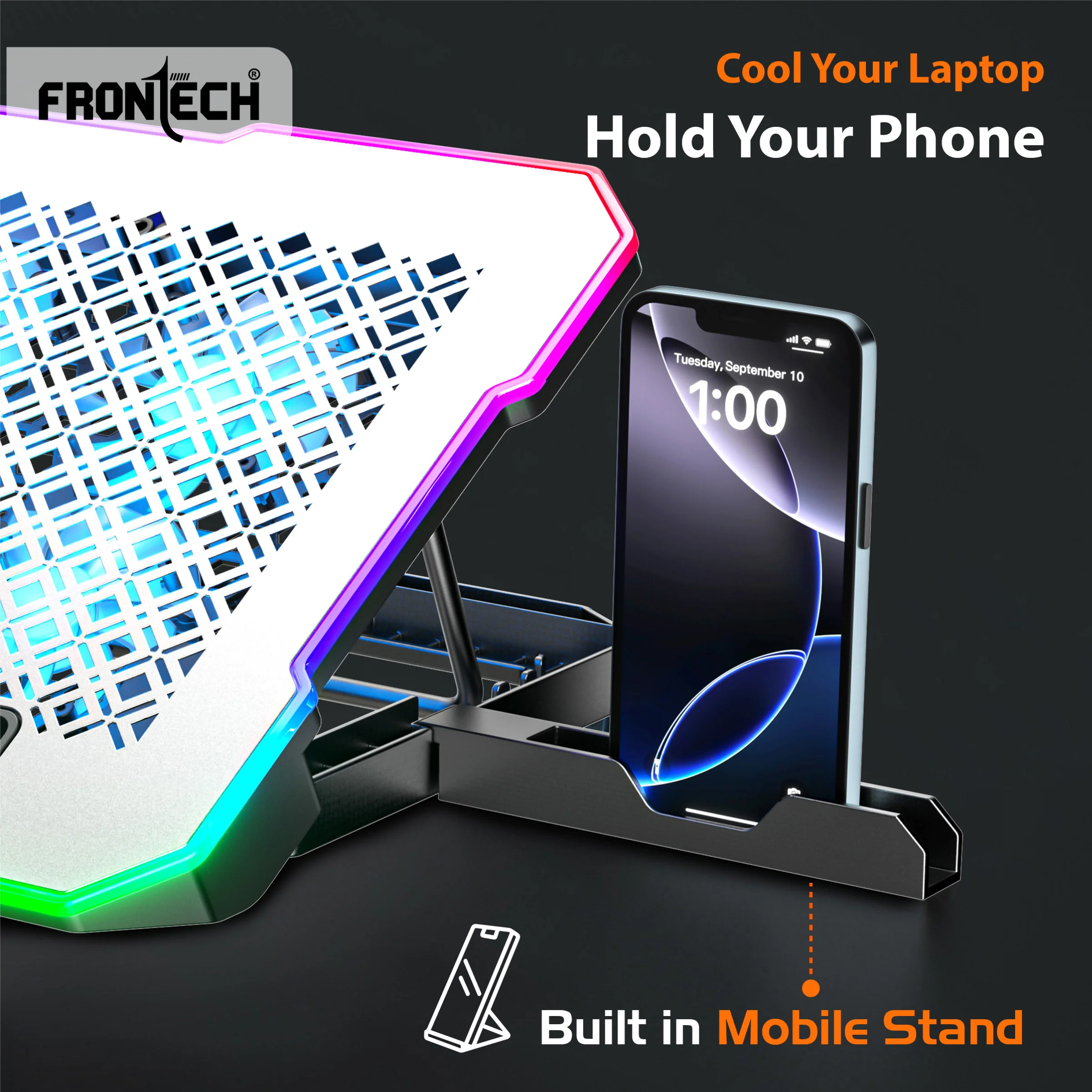 Frontech Laptop Cooling Pad | 6×60mm RGB Fans | Heat Dissipation Design | Adjustable Height & Angle | Mobile Stand | Dual USB 2.0 | Anti-slip Holder | 9–17 Inch Laptops | 1 Year Warranty (CP-0014) - Image 5