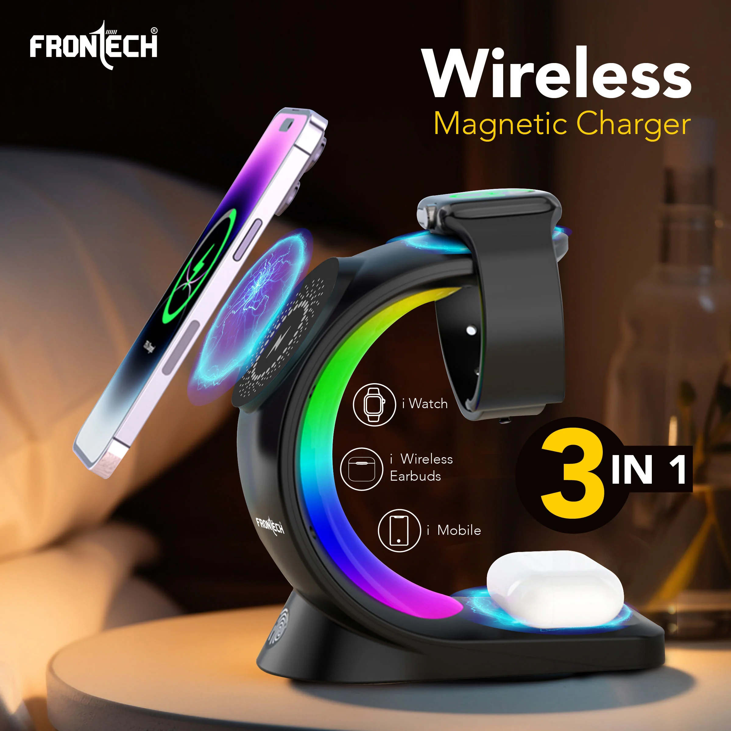 Frontech Magnetic 3-in-1 Wireless Charging Stand - Fast Charging | MagSafe Alignment | RGB Light | 360° Rotation (CCH-0016) - Image 2