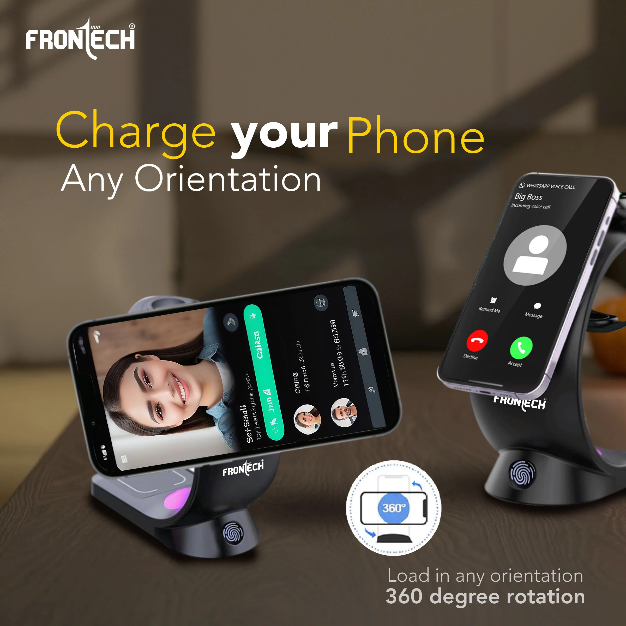 Frontech Magnetic 3-in-1 Wireless Charging Stand - Fast Charging | MagSafe Alignment | RGB Light | 360° Rotation (CCH-0016) - Image 3