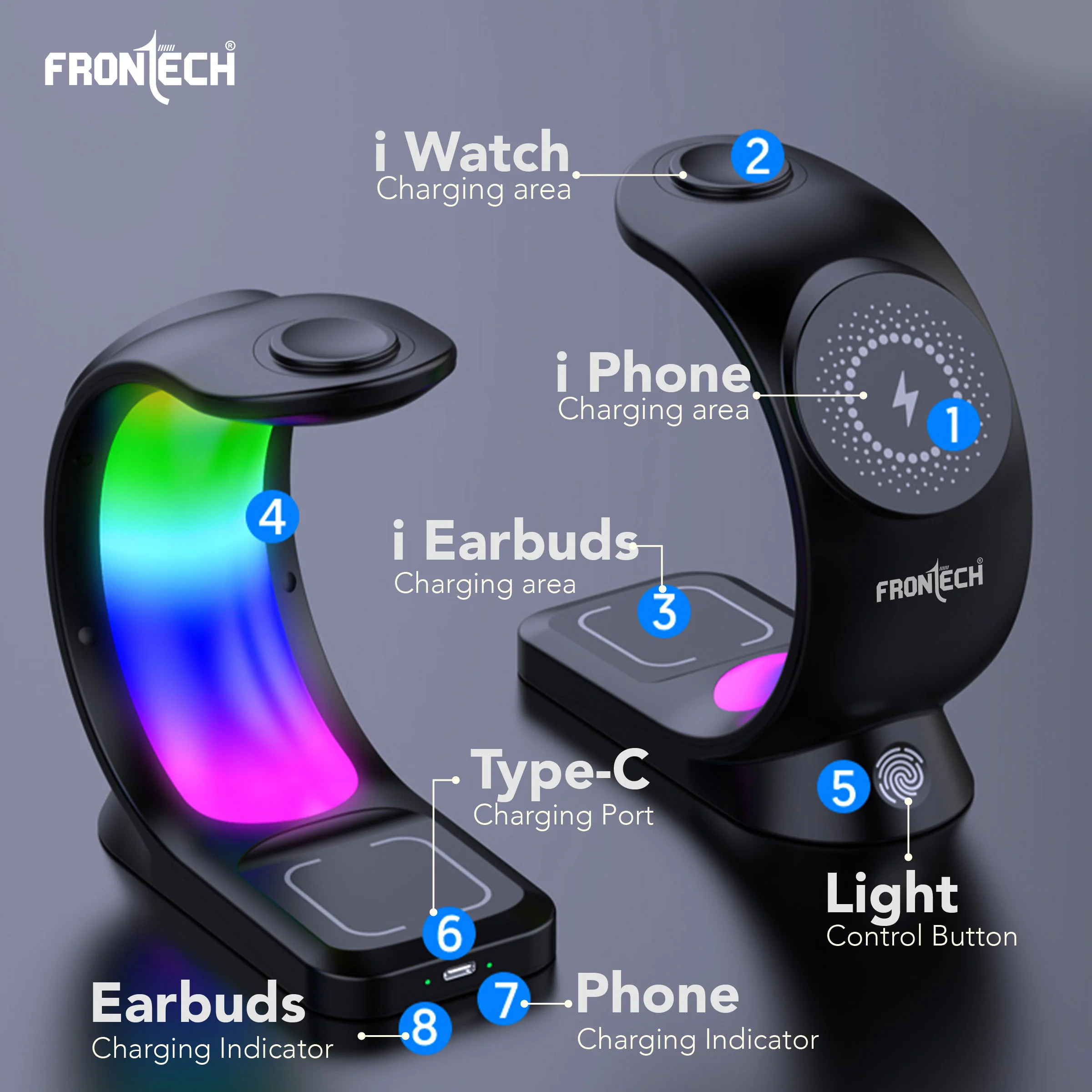 Frontech Magnetic 3-in-1 Wireless Charging Stand - Fast Charging | MagSafe Alignment | RGB Light | 360° Rotation (CCH-0016) - Image 6