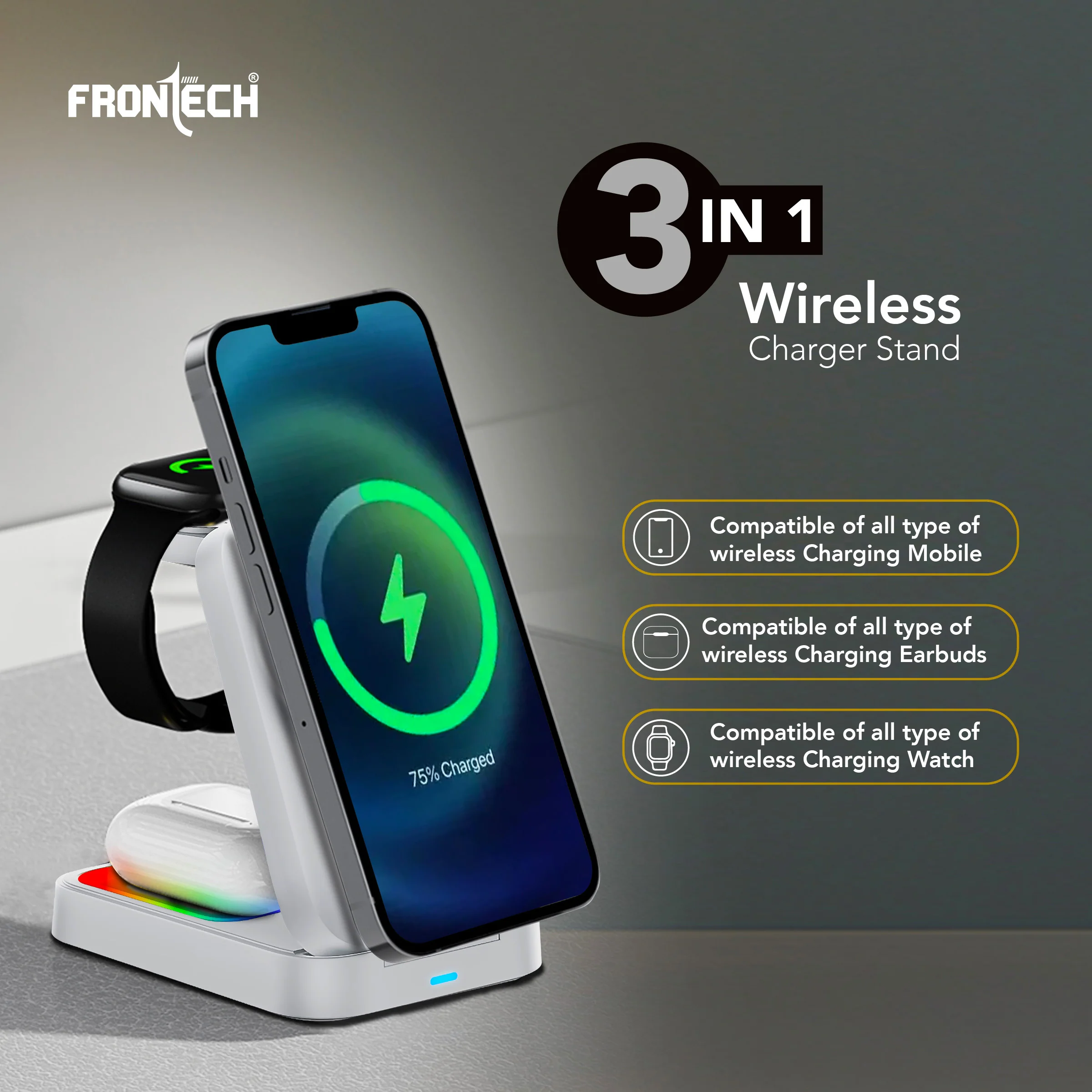 Frontech Magnetic Mobile Holder 3-in-1 – Adjustable Angle, RGB Light Effect, ABS & Silicone, Foldable Design, Black (CCH-0017W) - Image 6