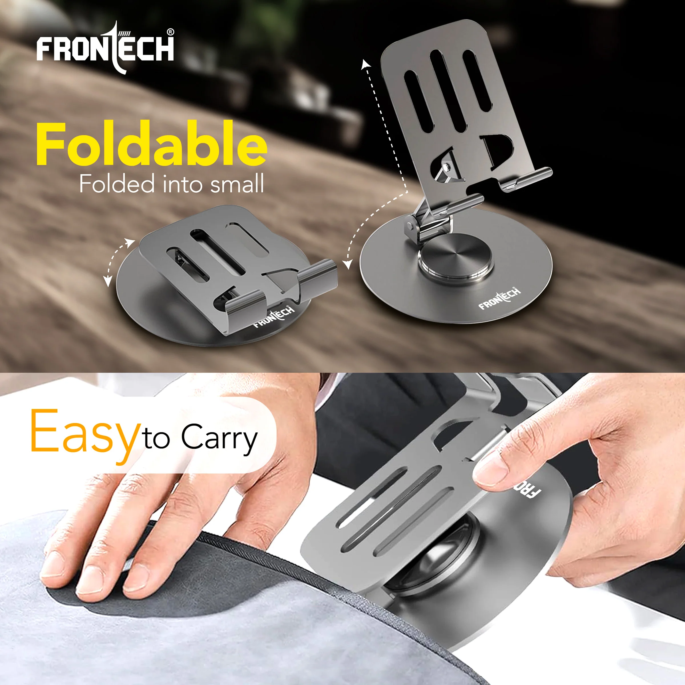Frontech Mobile Holder, 360° Rotatable & Foldable Mobile Phone Holder With Stable Metallic base,Adjustable Height, Anti Skid Pad,Tabletop Mobile Phone Stand for all Smartphones. (CCH-0014GRY) - Image 5