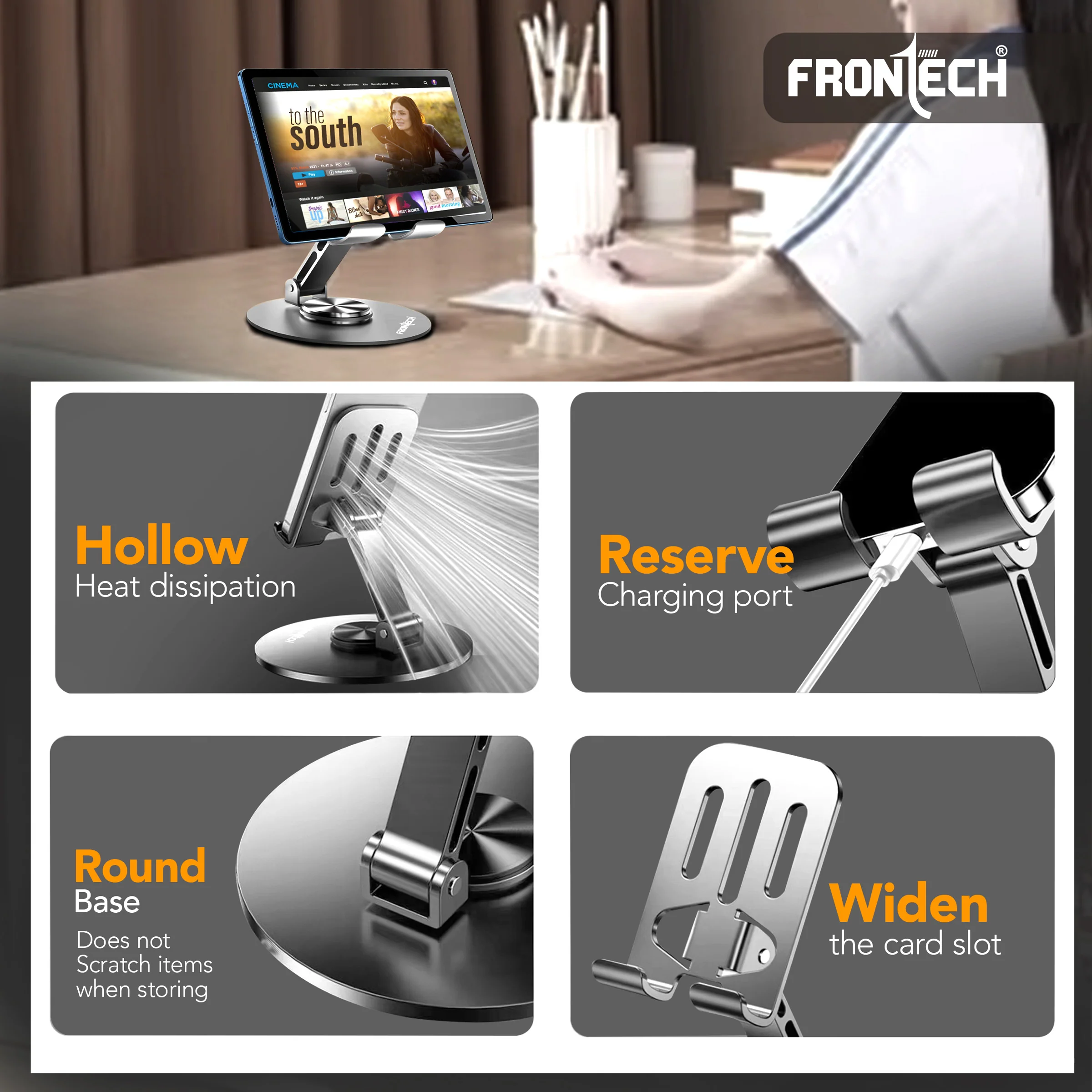 Frontech Mobile Holder, 360° Rotatable & Foldable Mobile Phone Holder With Stable Metallic base,Adjustable Height, Anti Skid Pad,Tabletop Mobile Phone Stand for all Smartphones. (CCH-0014GRY) - Image 6