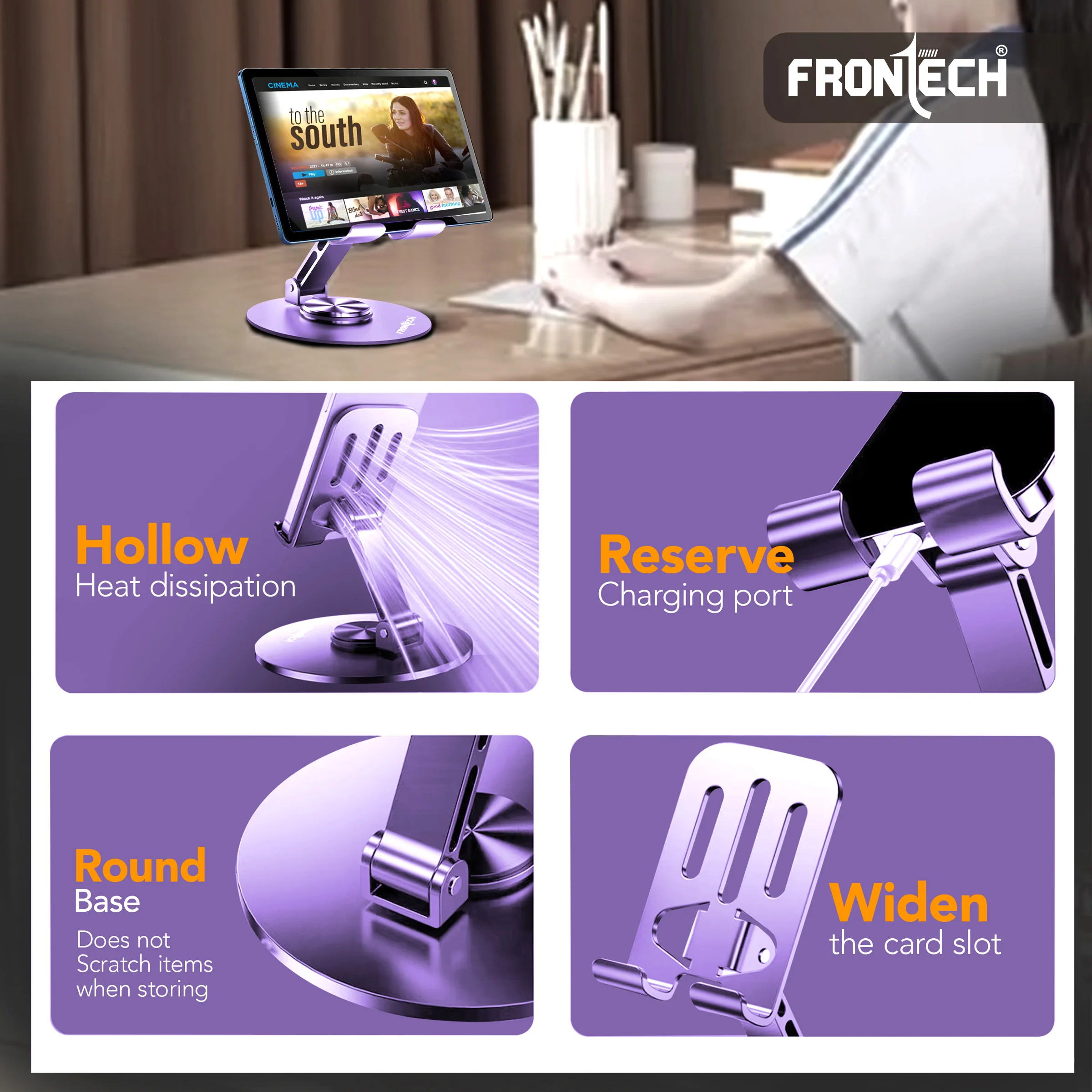 Frontech Mobile Holder, 360° Rotatable & Foldable Mobile Phone Holder With Stable Metallic base,Adjustable Height, Anti Skid Pad,Tabletop Mobile Phone Stand for all Smartphones. (CCH-0014LP) - Image 6
