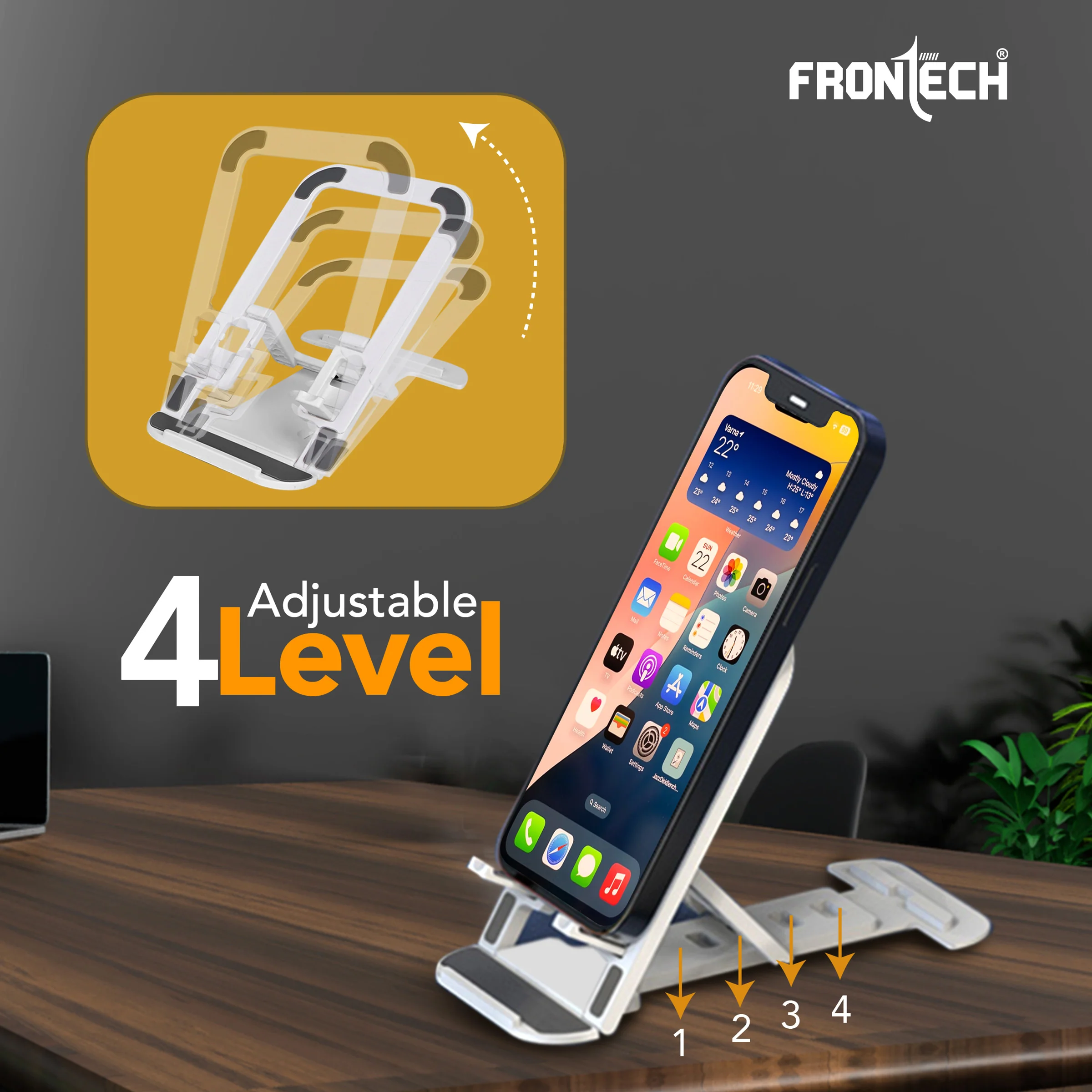 Frontech Mobile Phone Stand Holder, 4-Level Adjustable, Durable ABS Design with Rubber Pads, Foldable Desktop Phone Mount, White ( CCH-0013WHT ) - Image 3