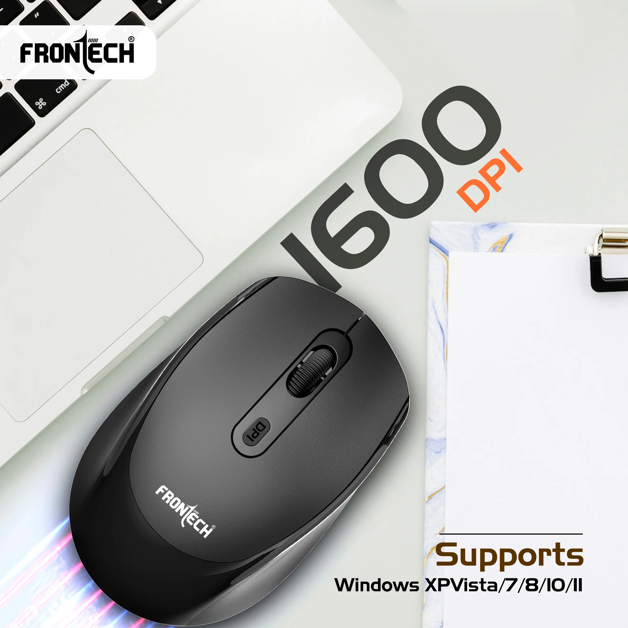 Frontech Wireless Optical Mouse|2.4Ghz| 1600 DPI| 4 Button Mouse|Anti-Skid Roller|Ergonomic Design|1 Year Warranty - Image 3