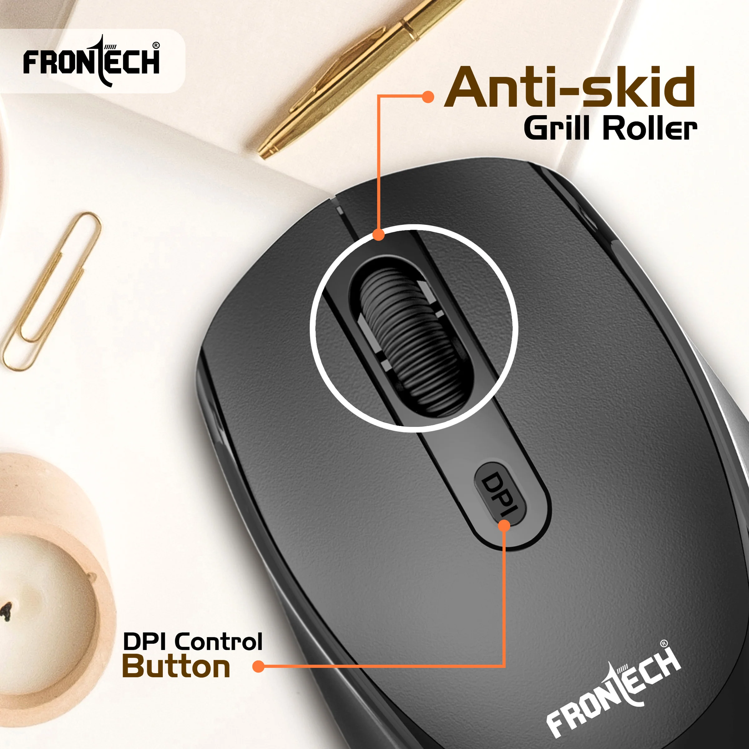 Frontech Wireless Optical Mouse|2.4Ghz| 1600 DPI| 4 Button Mouse|Anti-Skid Roller|Ergonomic Design|1 Year Warranty - Image 4