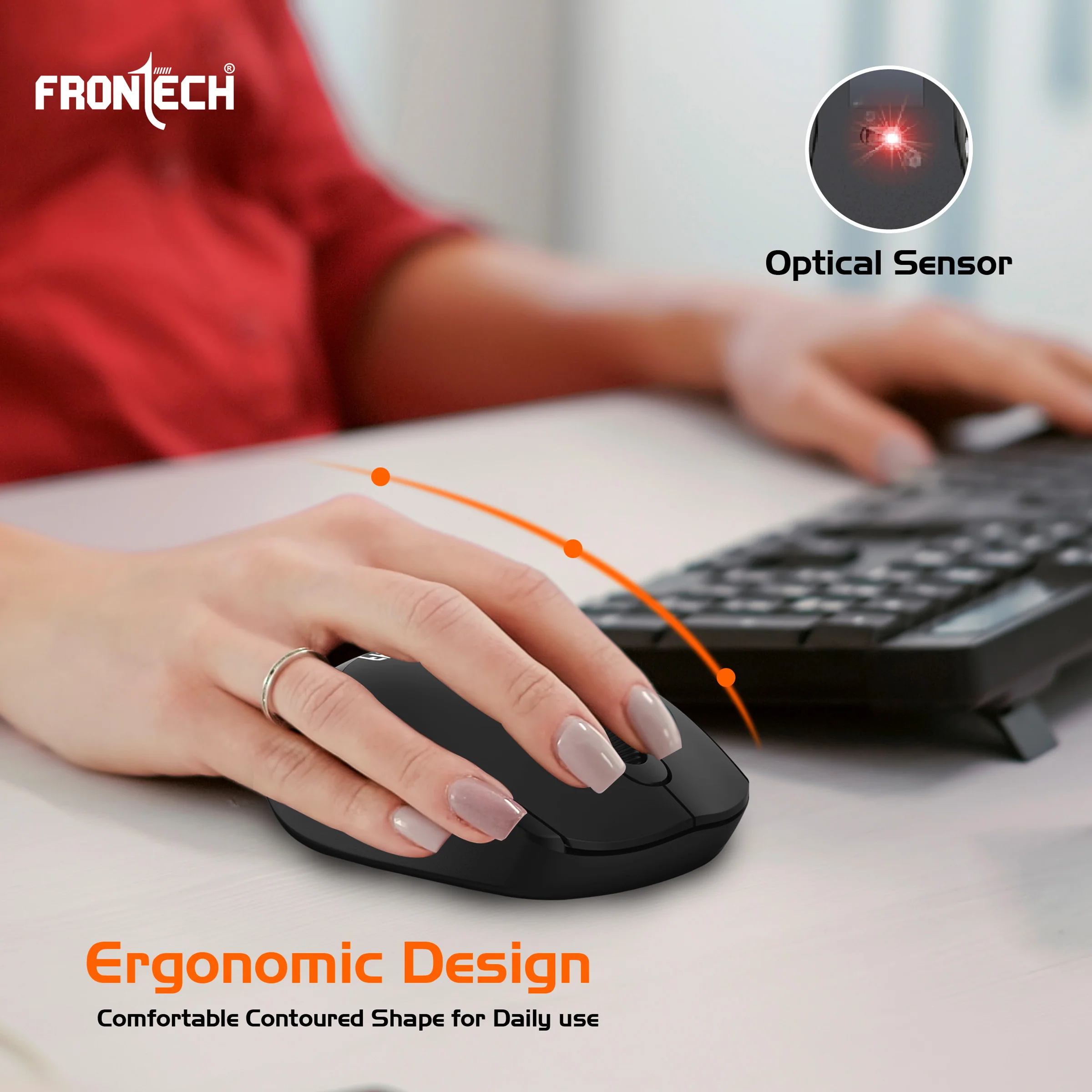 Frontech Wireless Optical Mouse|2.4Ghz| 1600 DPI| 4 Button Mouse|Anti-Skid Roller|Ergonomic Design|1 Year Warranty - Image 5