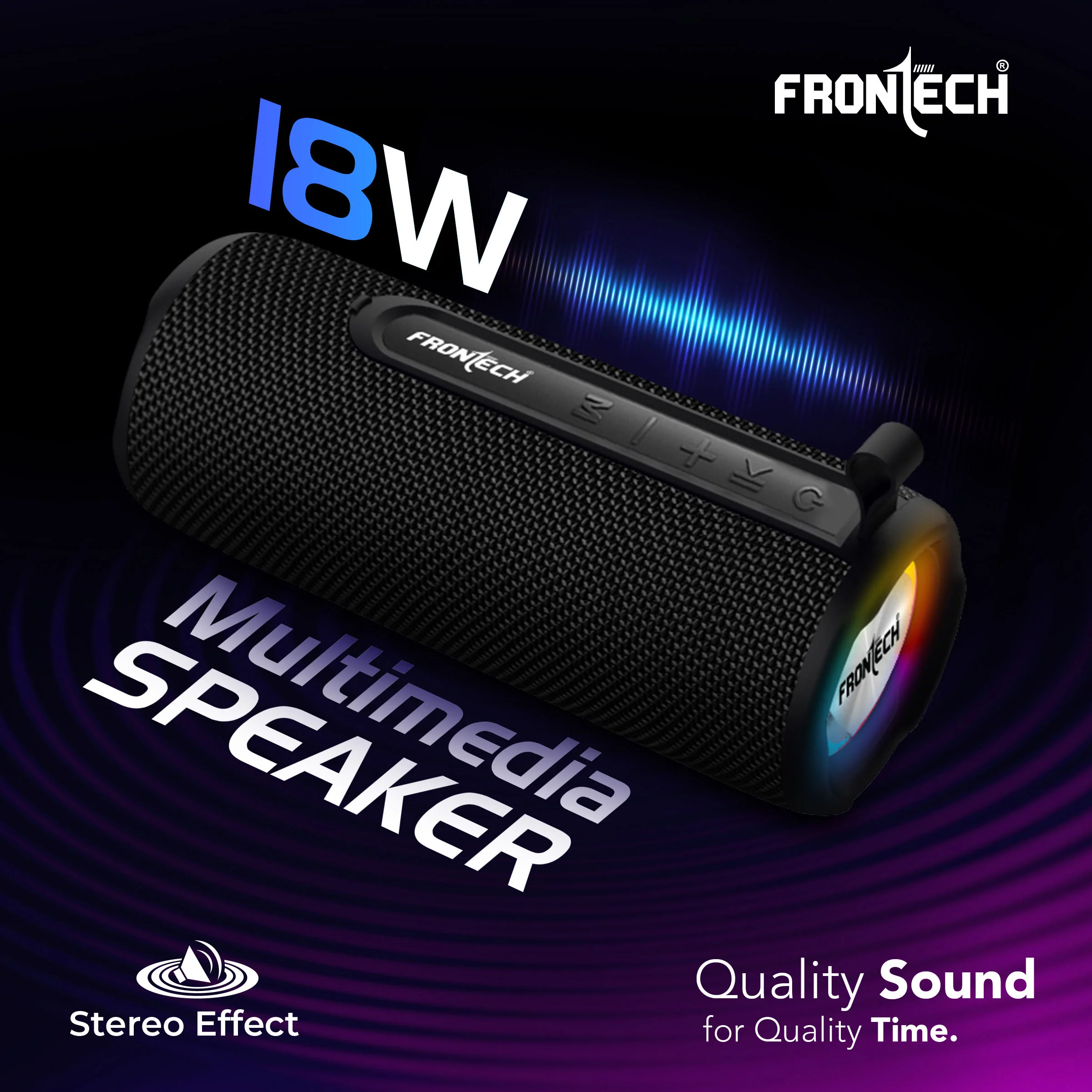 Frontech Multimedia Bluetooth Speaker | 18W Stereo Sound | Dual 52mm Drivers | RGB Lights | TWS Support | FM, USB, TF & AUX | IPX3 Water & Dust Resistant | Type-C | 1800mAh | 1 Year Warranty (SW-0249) - Image 2