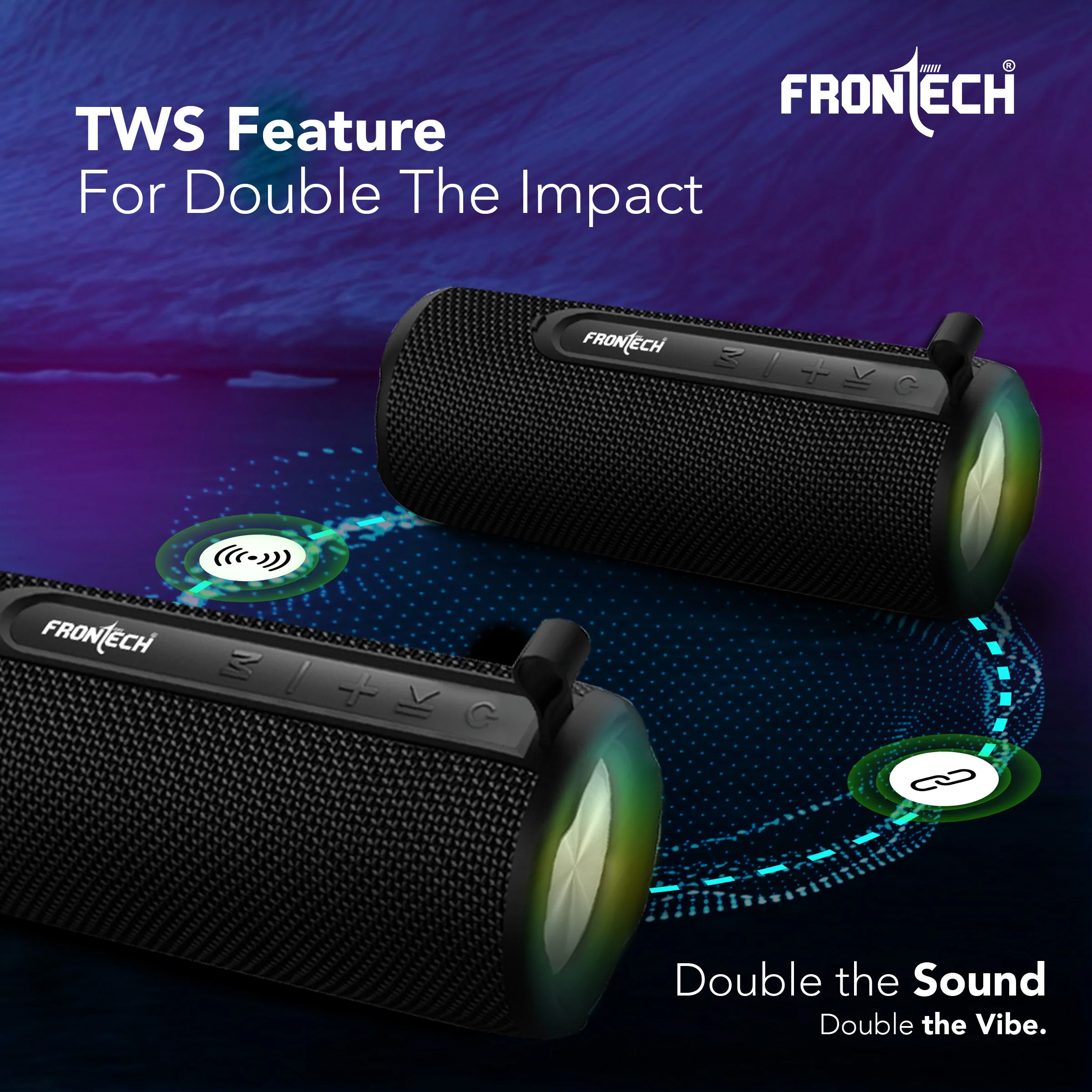 Frontech Multimedia Bluetooth Speaker | 18W Stereo Sound | Dual 52mm Drivers | RGB Lights | TWS Support | FM, USB, TF & AUX | IPX3 Water & Dust Resistant | Type-C | 1800mAh | 1 Year Warranty (SW-0249) - Image 4