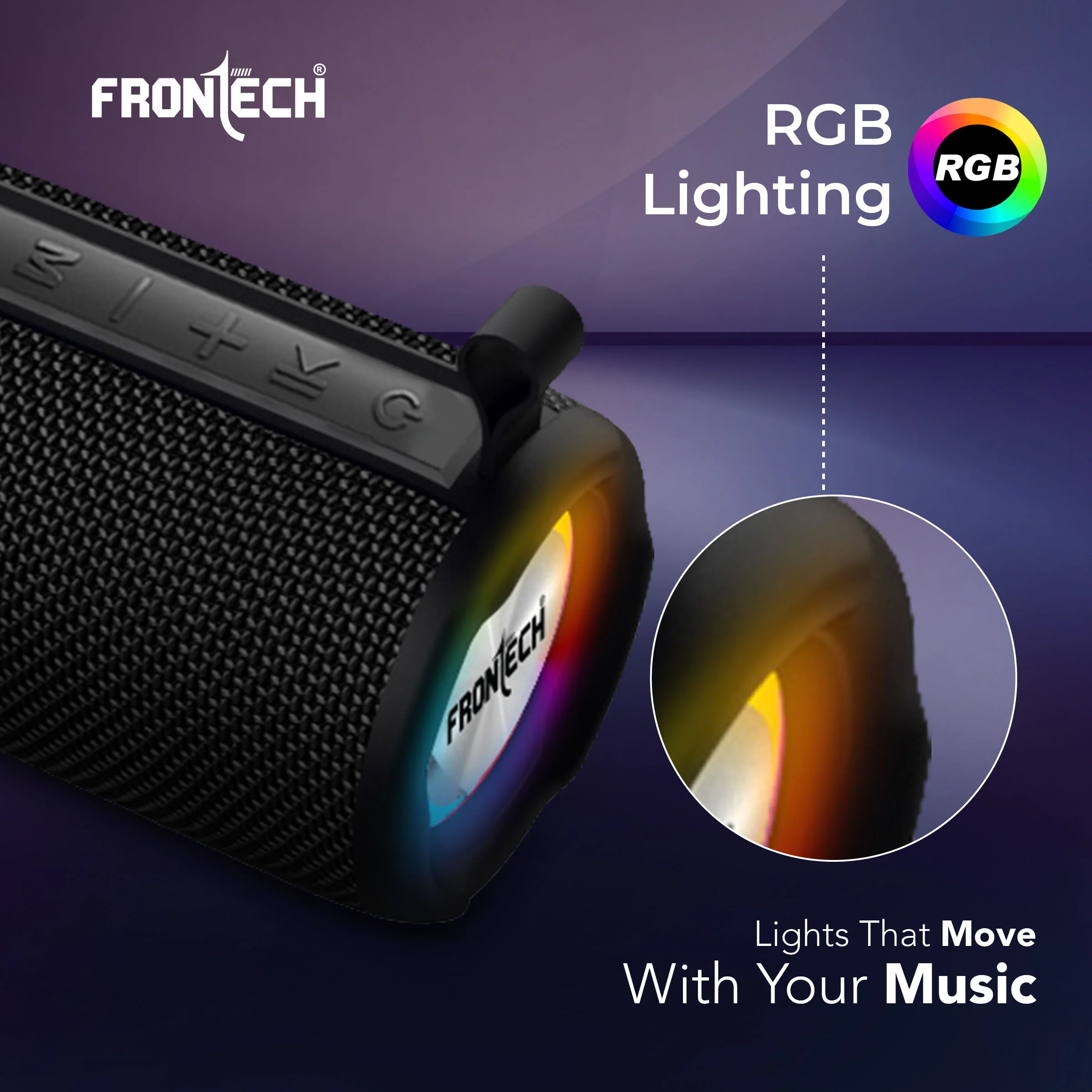 Frontech Multimedia Bluetooth Speaker | 18W Stereo Sound | Dual 52mm Drivers | RGB Lights | TWS Support | FM, USB, TF & AUX | IPX3 Water & Dust Resistant | Type-C | 1800mAh | 1 Year Warranty (SW-0249) - Image 7