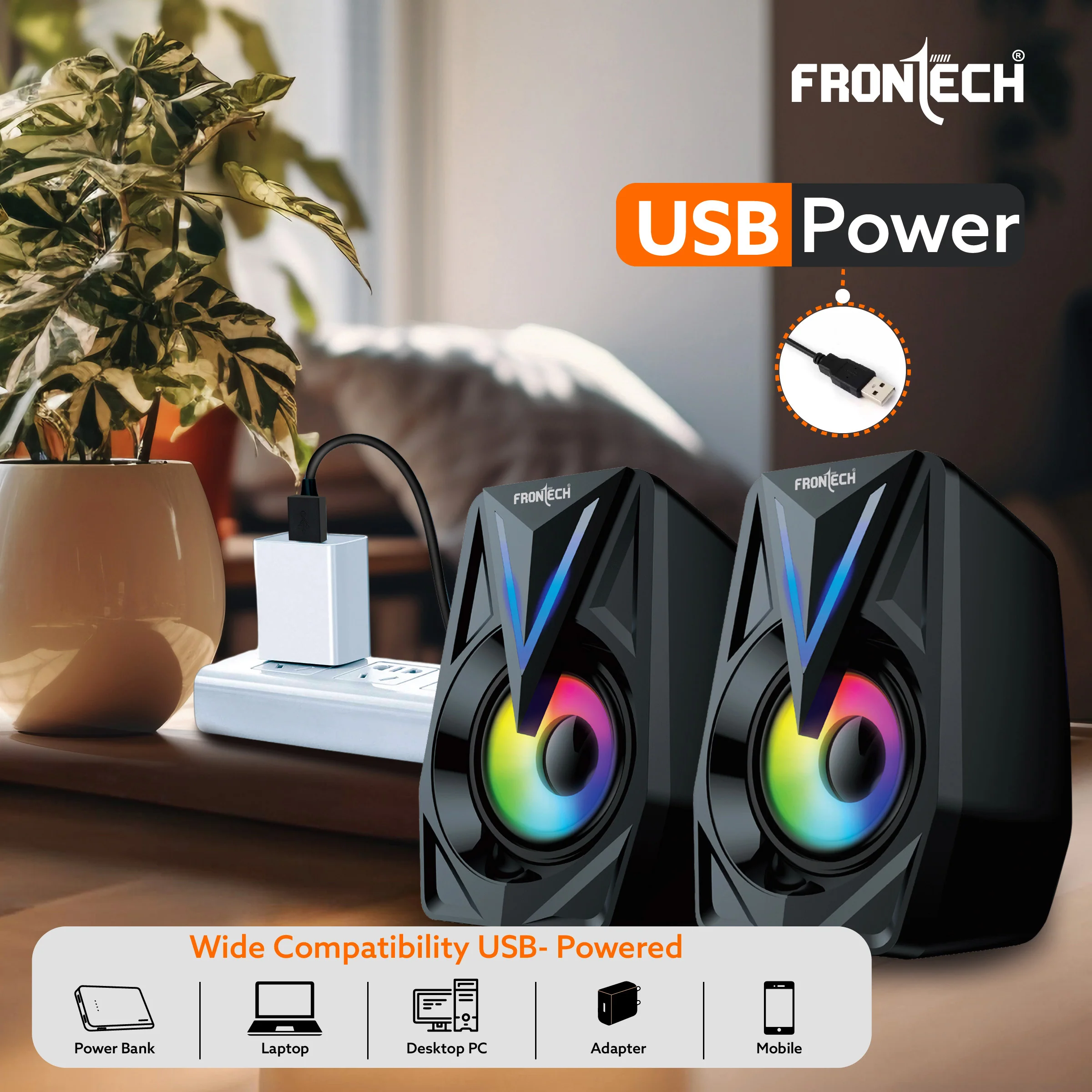 Frontech Multimedia Speakers | 12W Output | 2.0 Channel Stereo Sound | RGB Lighting | USB Powered | 3.5mm AUX | 1 Year Warranty (SPK-0014) - Image 4