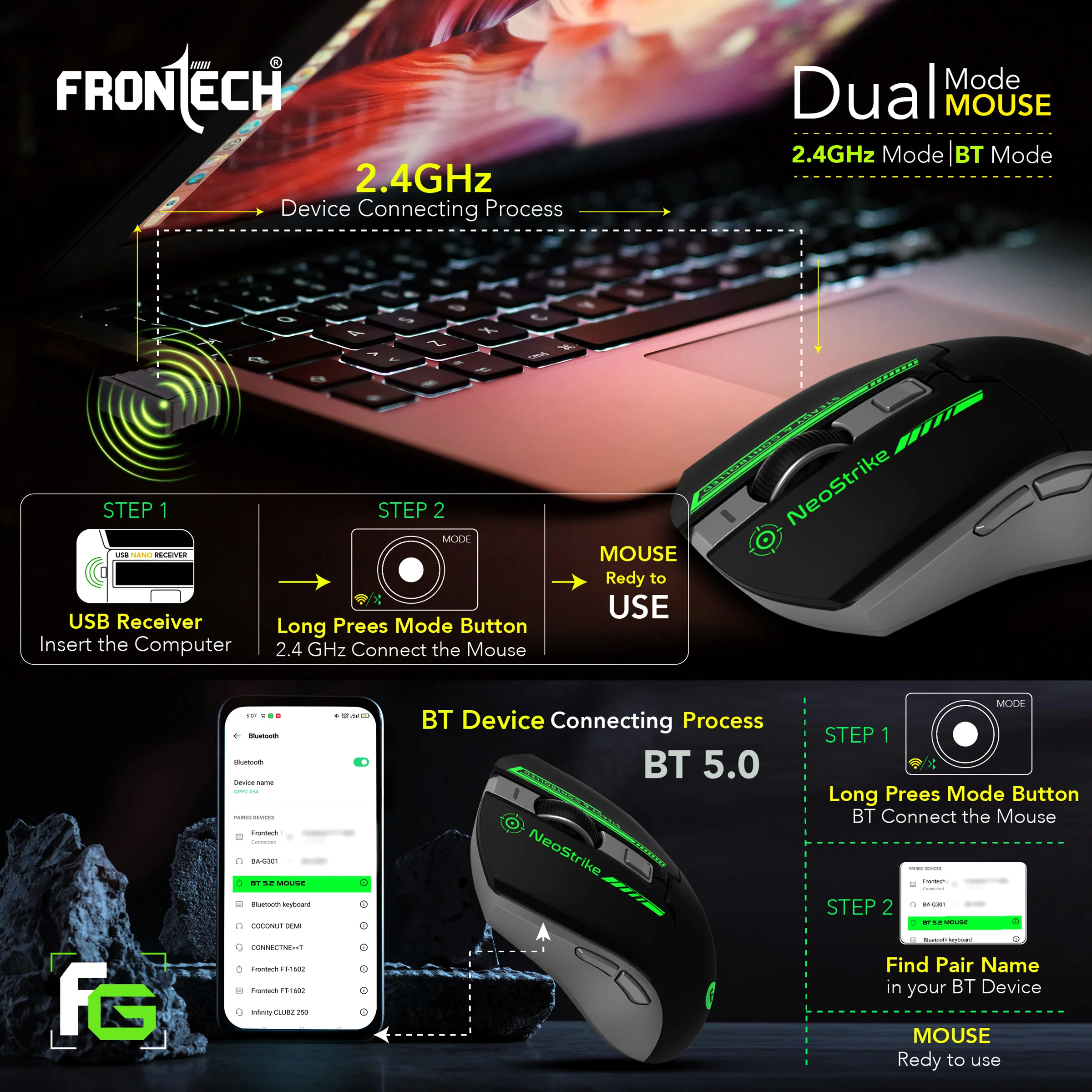 Frontech Wireless Bluetooth RGB Gaming Mouse|2.4Ghz|3200 DPI|500mAh Rechargeable Battery|6 Button Mouse| Ergonomic Design|1 Year Warranty - Image 3