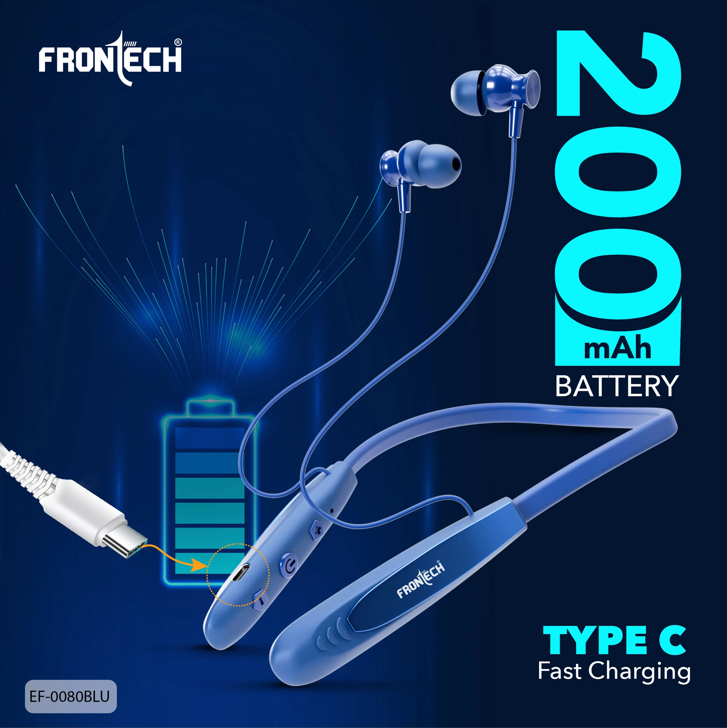 Frontech Onyx Wireless Neckband Bluetooth 5.0 Earphones | 36H Playtime| 200mAh Battery| Type-C Fast Charging| Magnetic Earbuds| Premium Sound Quality - Image 5