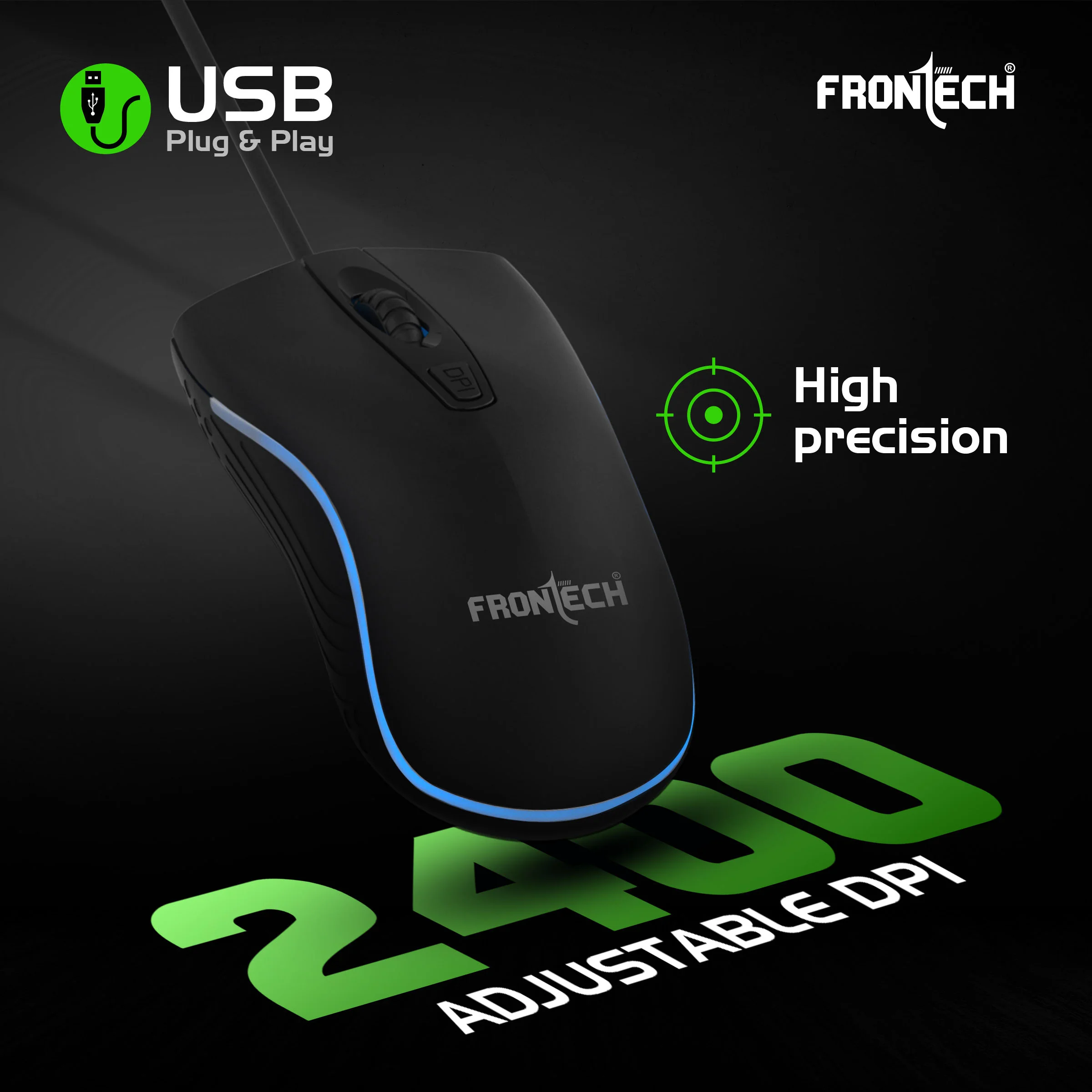 Frontech Quantum Striker Gaming Combo | Rainbow Backlit Keyboard with Optical Mouse | 2400 DPI Adjustable | 4 Button Mouse | USB Plug & Play | 104 Keys | 1 Year Warranty (KB-0050BLK) - Image 4