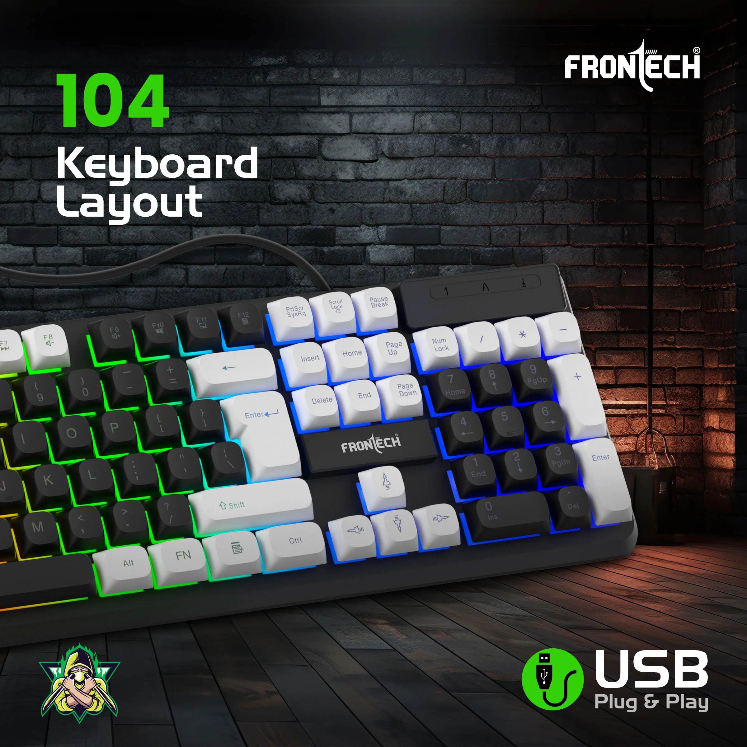 Frontech Quantum Striker Gaming Combo | Rainbow Backlit Keyboard with Optical Mouse | 2400 DPI Adjustable | 4 Button Mouse | USB Plug & Play | 104 Keys | 1 Year Warranty (KB-0050BLK) - Image 5