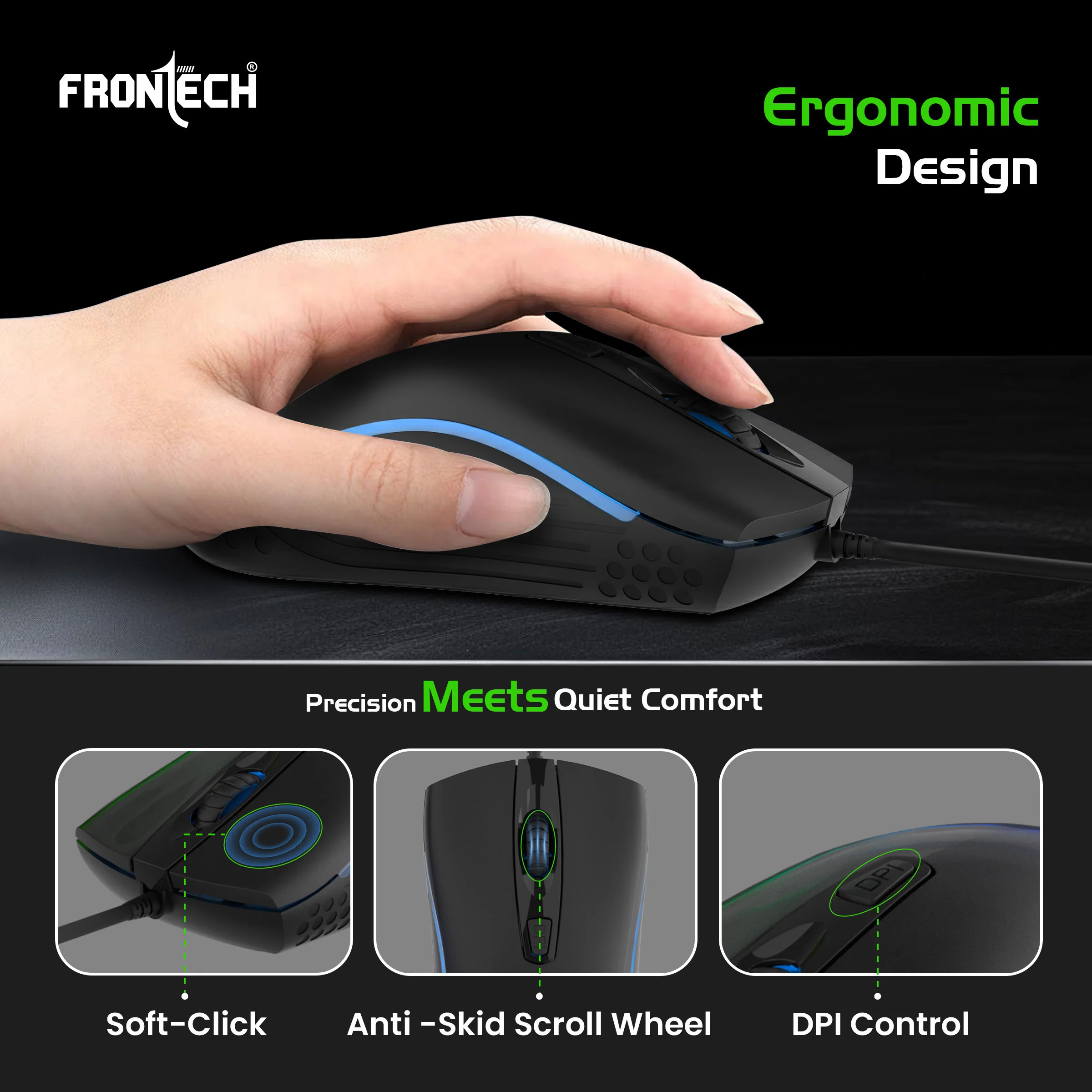 Frontech Quantum Striker Gaming Combo | Rainbow Backlit Keyboard with Optical Mouse | 2400 DPI Adjustable | 4 Button Mouse | USB Plug & Play | 104 Keys | 1 Year Warranty (KB-0050BLK) - Image 6
