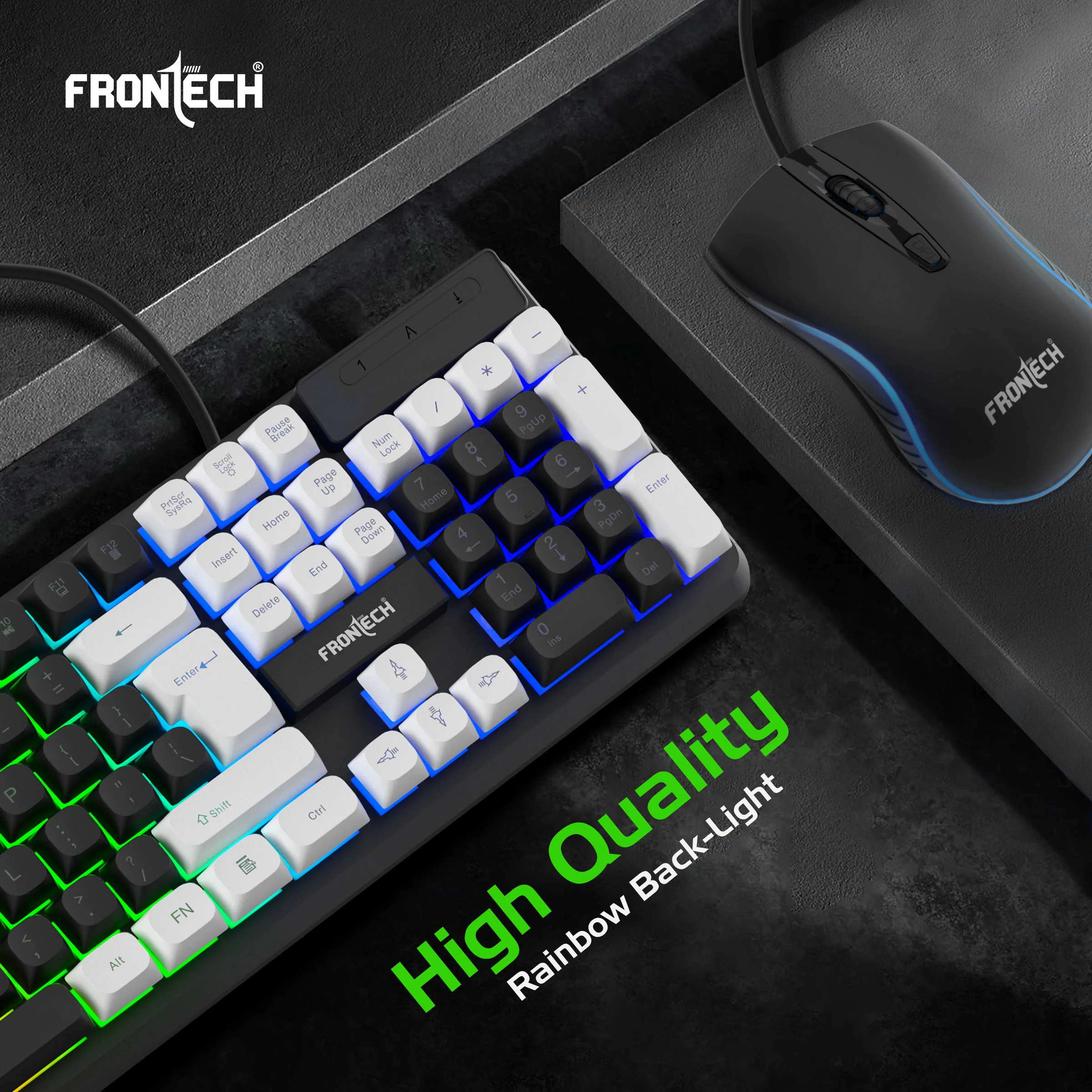Frontech Quantum Striker Gaming Combo | Rainbow Backlit Keyboard with Optical Mouse | 2400 DPI Adjustable | 4 Button Mouse | USB Plug & Play | 104 Keys | 1 Year Warranty (KB-0050BLK) - Image 7