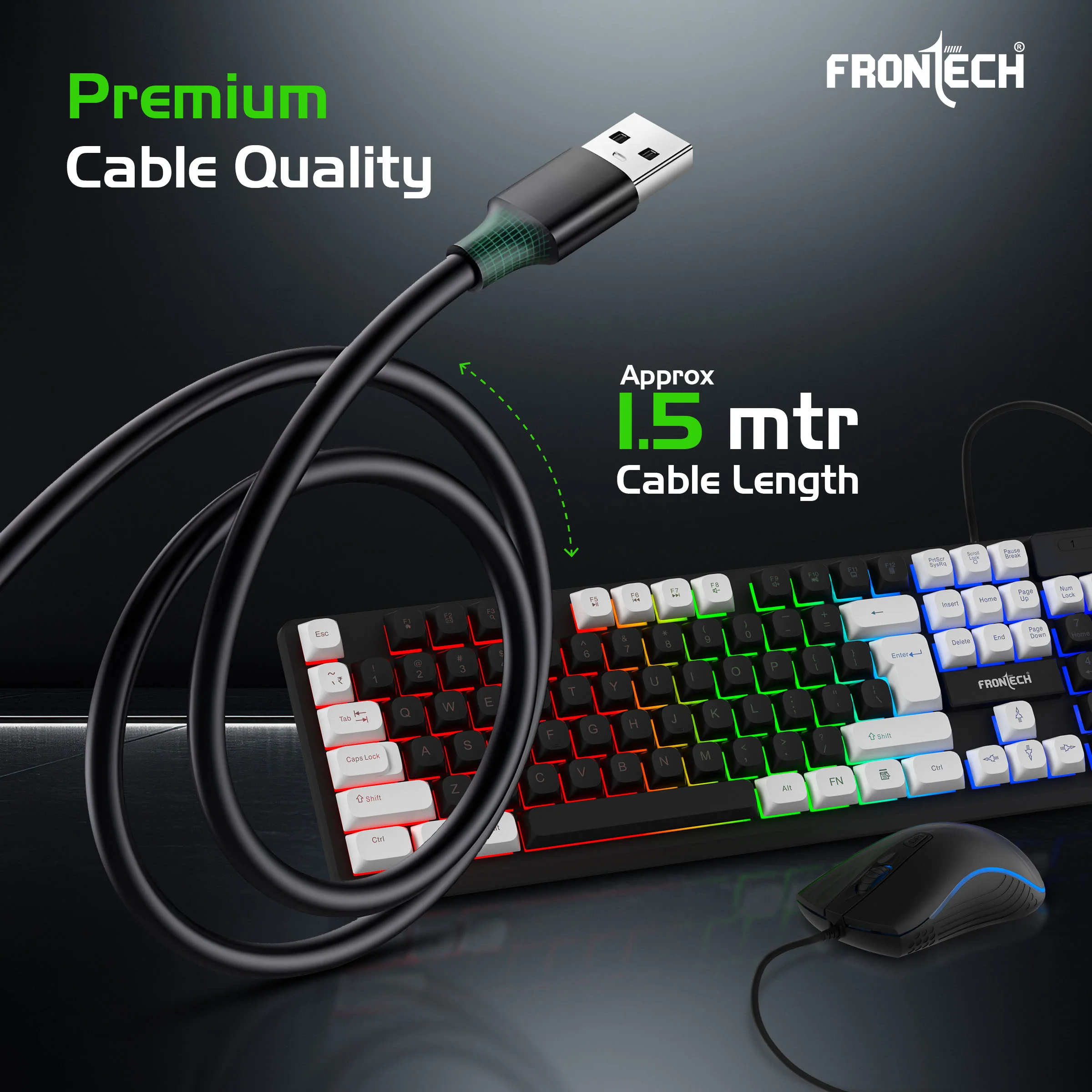 Frontech Quantum Striker Gaming Combo | Rainbow Backlit Keyboard with Optical Mouse | 2400 DPI Adjustable | 4 Button Mouse | USB Plug & Play | 104 Keys | 1 Year Warranty (KB-0050BLK) - Image 8