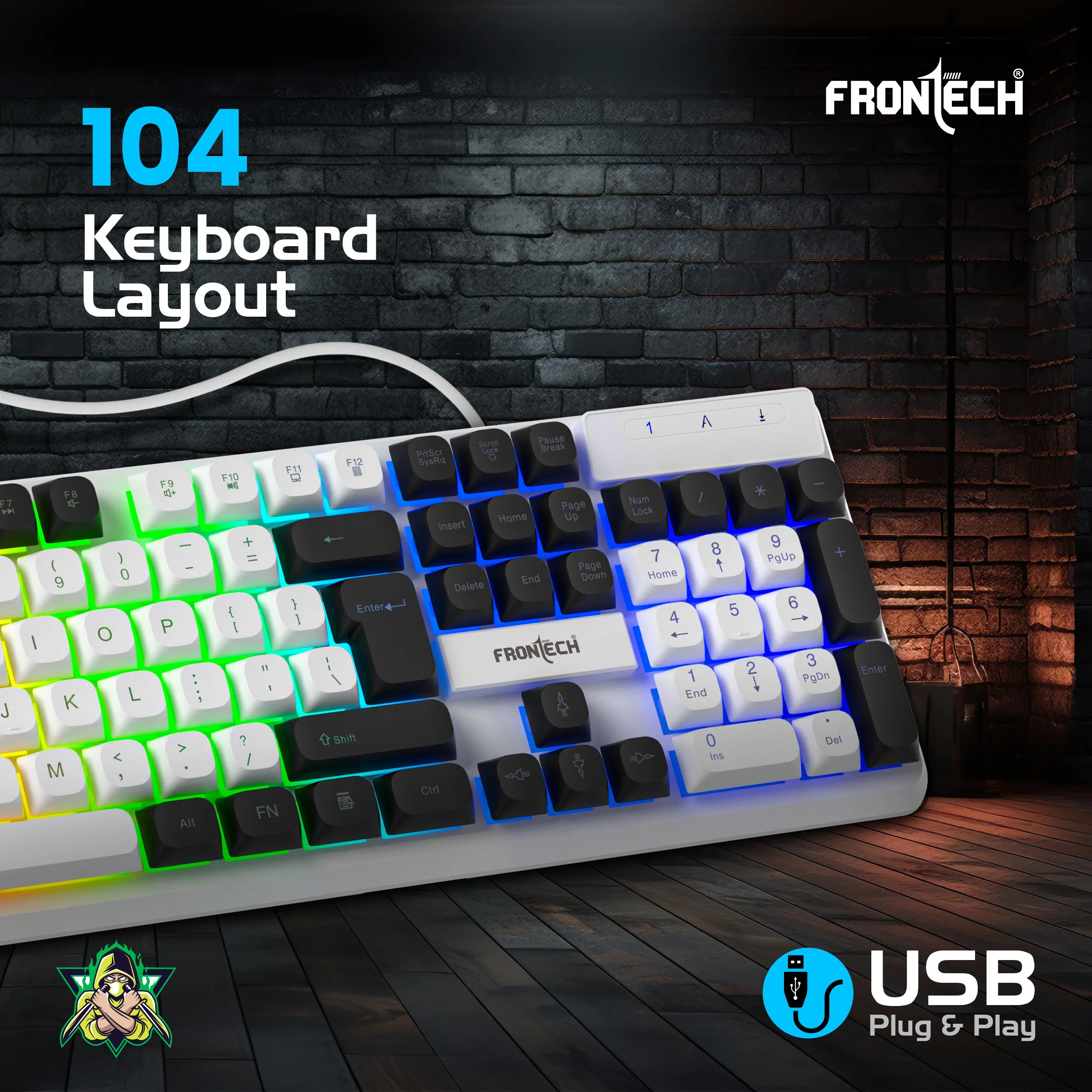 Frontech Quantum Striker Gaming Combo | Rainbow Backlit Keyboard with Optical Mouse | 2400 DPI Adjustable | 4 Button Mouse | USB Plug & Play | 104 Keys | 1 Year Warranty (KB-0050WHT) - Image 5