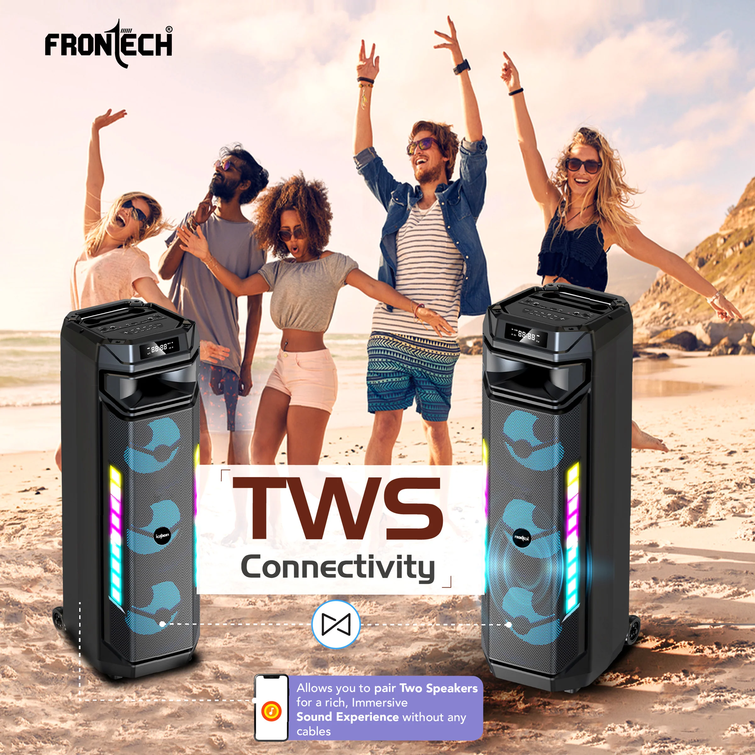 Frontech Smash PRO-20P 90W Trolley Speaker | Karaoke with Wireless Mic | TWS | RGB Lights | BT 5.0 | USB/TF/AUX/FM | 6000mAh Battery | Dual Mic Ports | Recording (SW-0020P). - Image 3