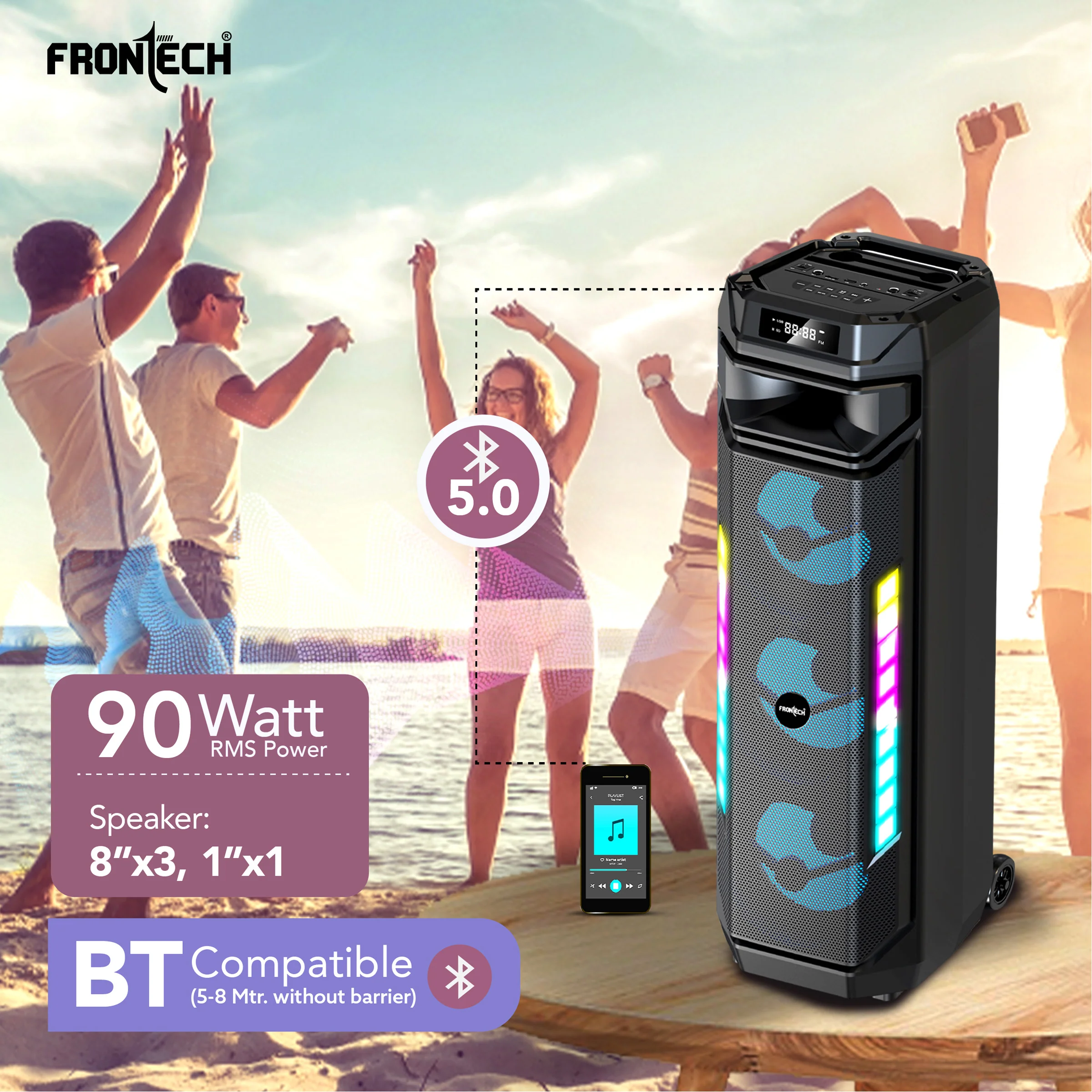 Frontech Smash PRO-20P 90W Trolley Speaker | Karaoke with Wireless Mic | TWS | RGB Lights | BT 5.0 | USB/TF/AUX/FM | 6000mAh Battery | Dual Mic Ports | Recording (SW-0020P). - Image 5