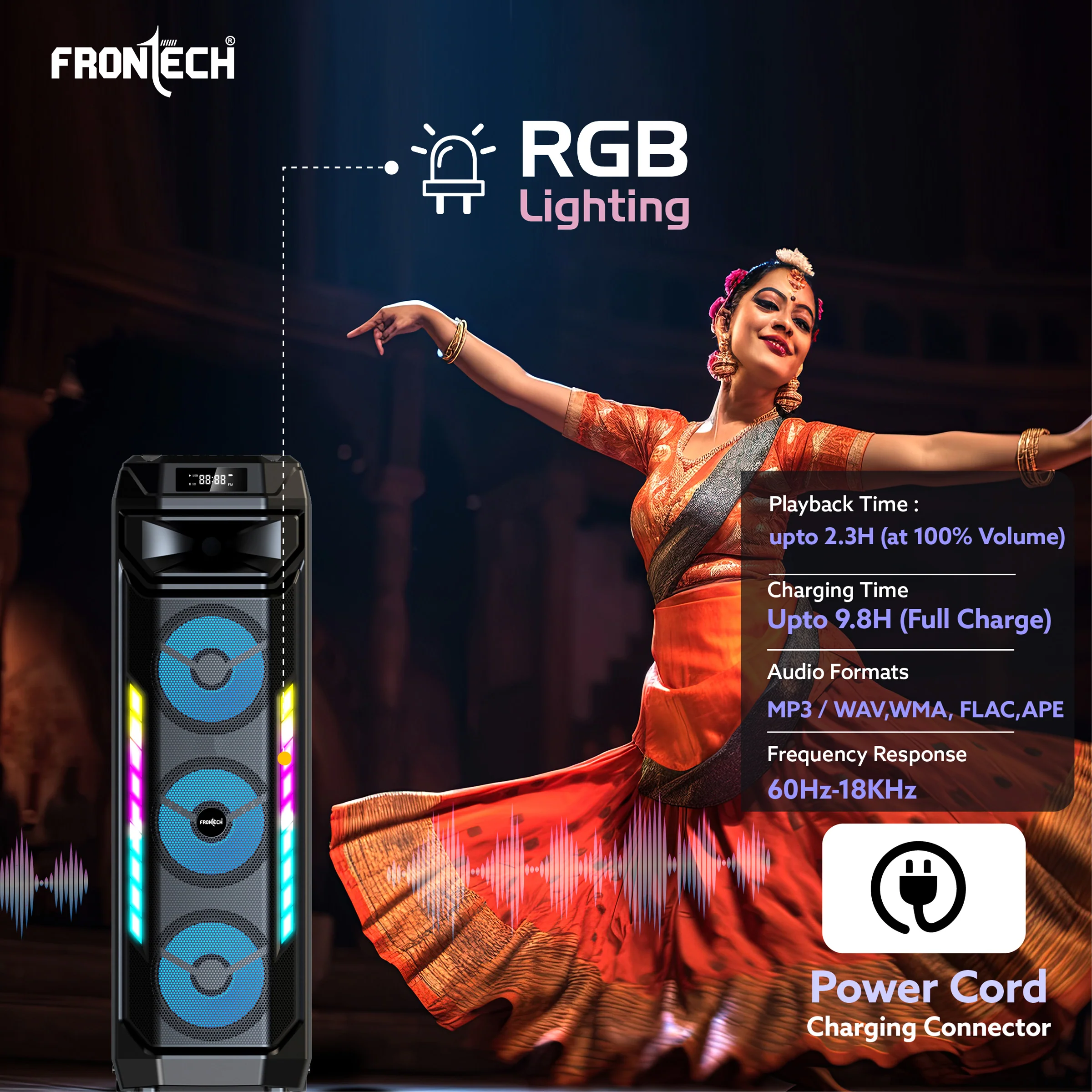 Frontech Smash PRO-20P 90W Trolley Speaker | Karaoke with Wireless Mic | TWS | RGB Lights | BT 5.0 | USB/TF/AUX/FM | 6000mAh Battery | Dual Mic Ports | Recording (SW-0020P). - Image 6