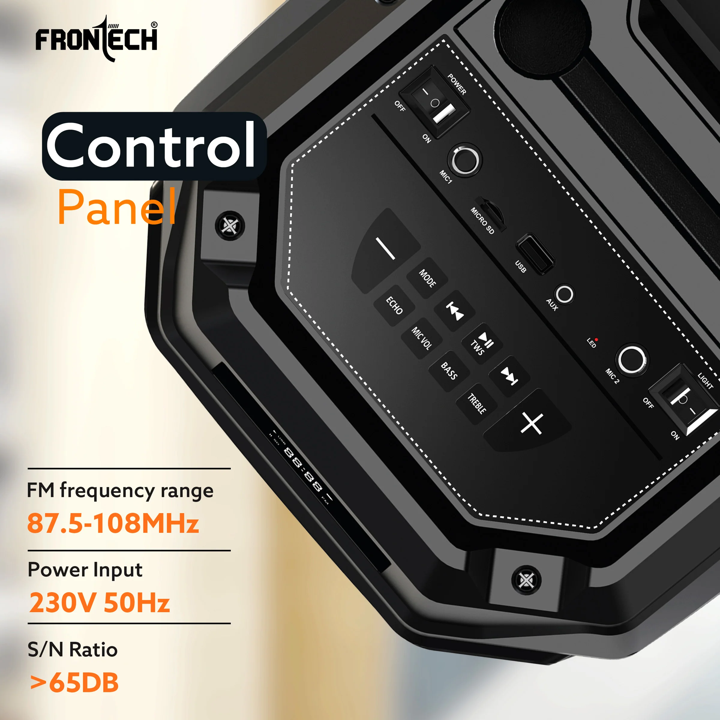 Frontech Smash PRO-20P 90W Trolley Speaker | Karaoke with Wireless Mic | TWS | RGB Lights | BT 5.0 | USB/TF/AUX/FM | 6000mAh Battery | Dual Mic Ports | Recording (SW-0020P). - Image 8