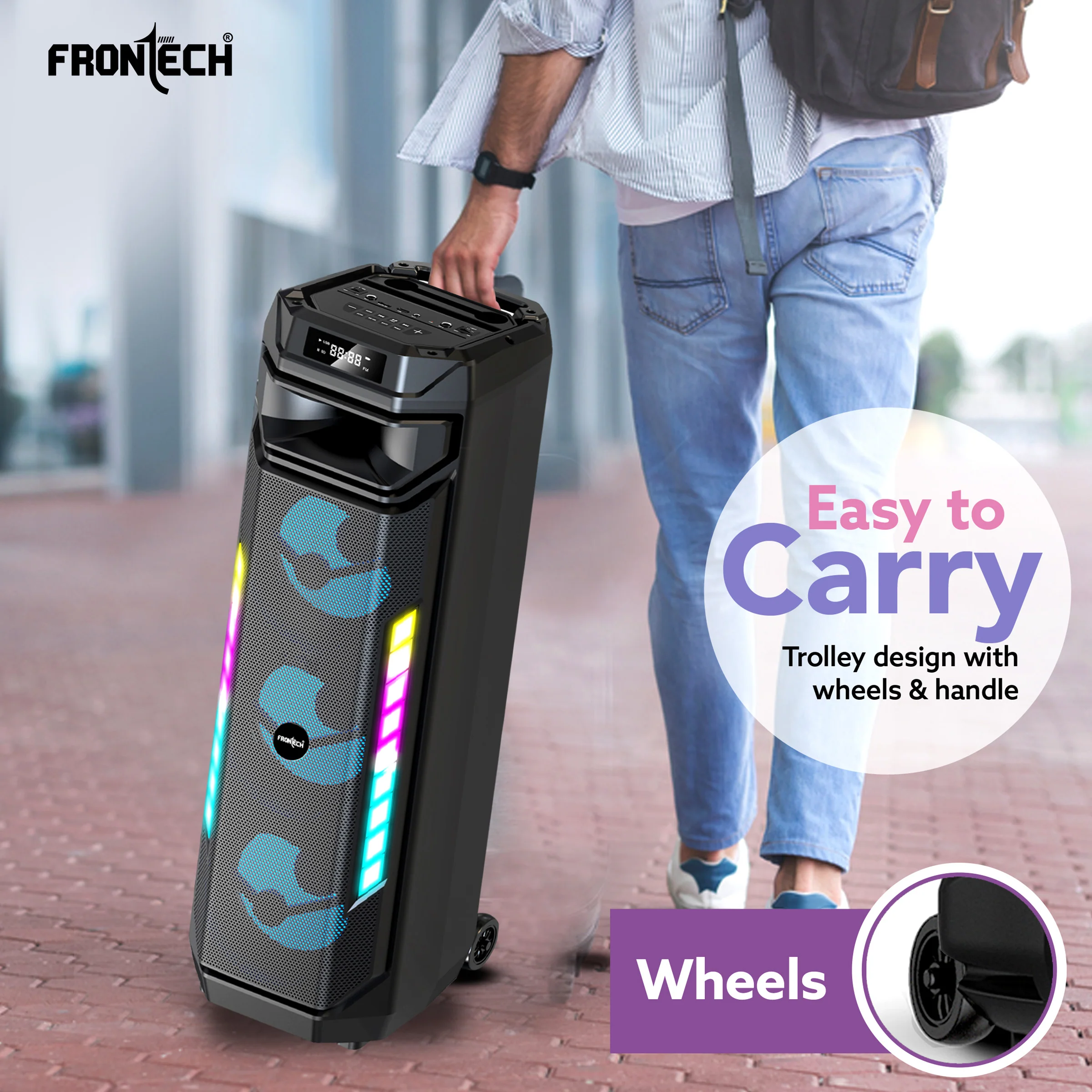 Frontech Smash PRO-20P 90W Trolley Speaker | Karaoke with Wireless Mic | TWS | RGB Lights | BT 5.0 | USB/TF/AUX/FM | 6000mAh Battery | Dual Mic Ports | Recording (SW-0020P). - Image 9