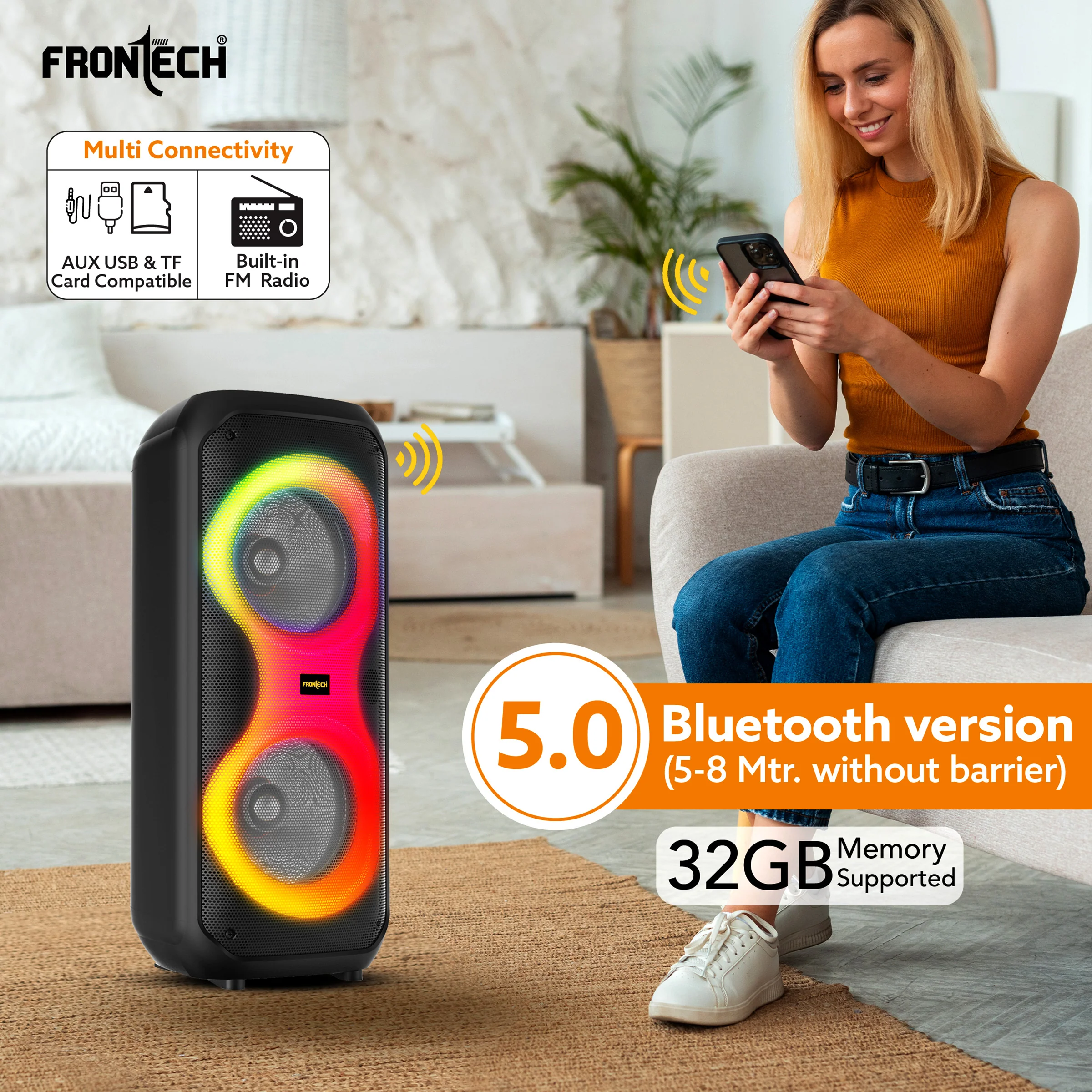 Frontech Smash Pro-21P 45W Portable Party Speaker | True Wireless Stereo | Karaoke Function with Wireless Mic | RGB LED Disco Lighting | Bluetooth 5.0 | FM Radio | USB, TF, AUX | Type-C Charging Port (SW-0021P) - Image 5
