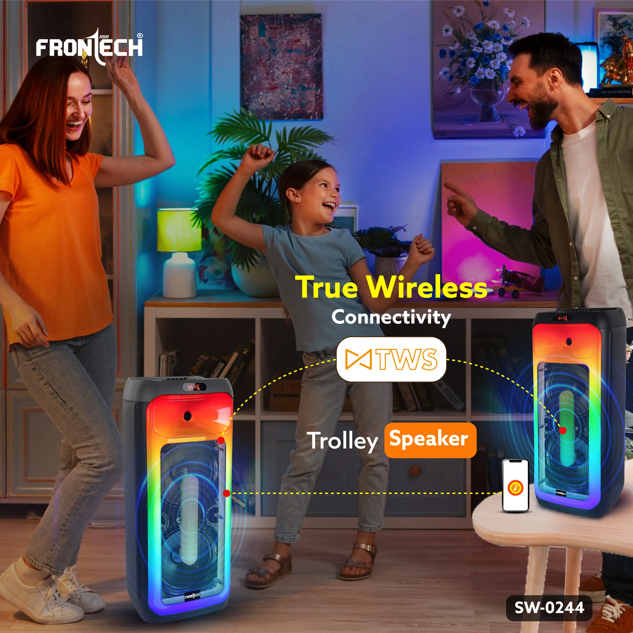 Frontech Smash Pro-244 Trolley Speaker | 120W | Dual 10″ Drivers | RGB | BT 5.1 & TWS | FM/USB | Wireless Mics (SW-0244) - Image 2