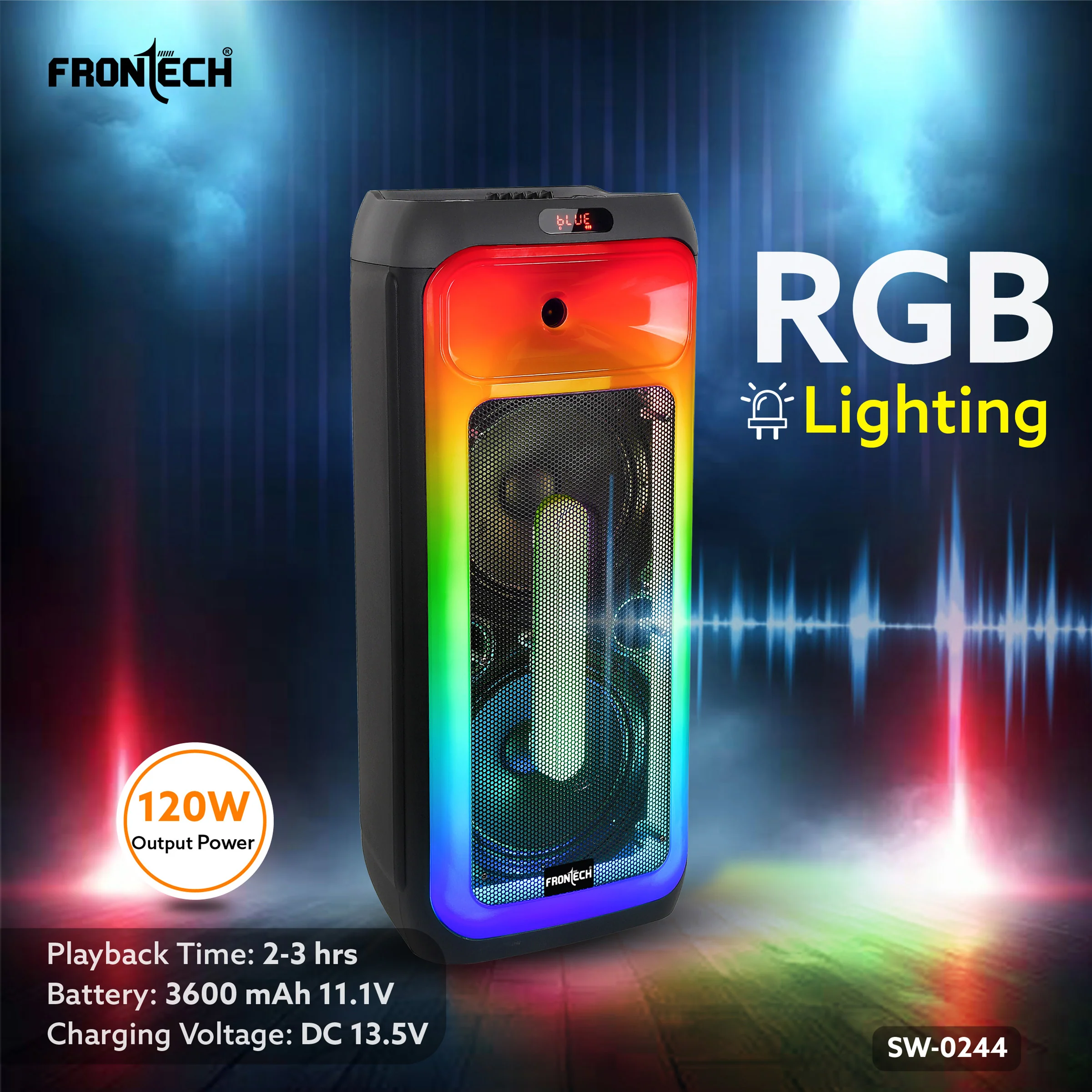 Frontech Smash Pro-244 Trolley Speaker | 120W | Dual 10″ Drivers | RGB | BT 5.1 & TWS | FM/USB | Wireless Mics (SW-0244) - Image 3