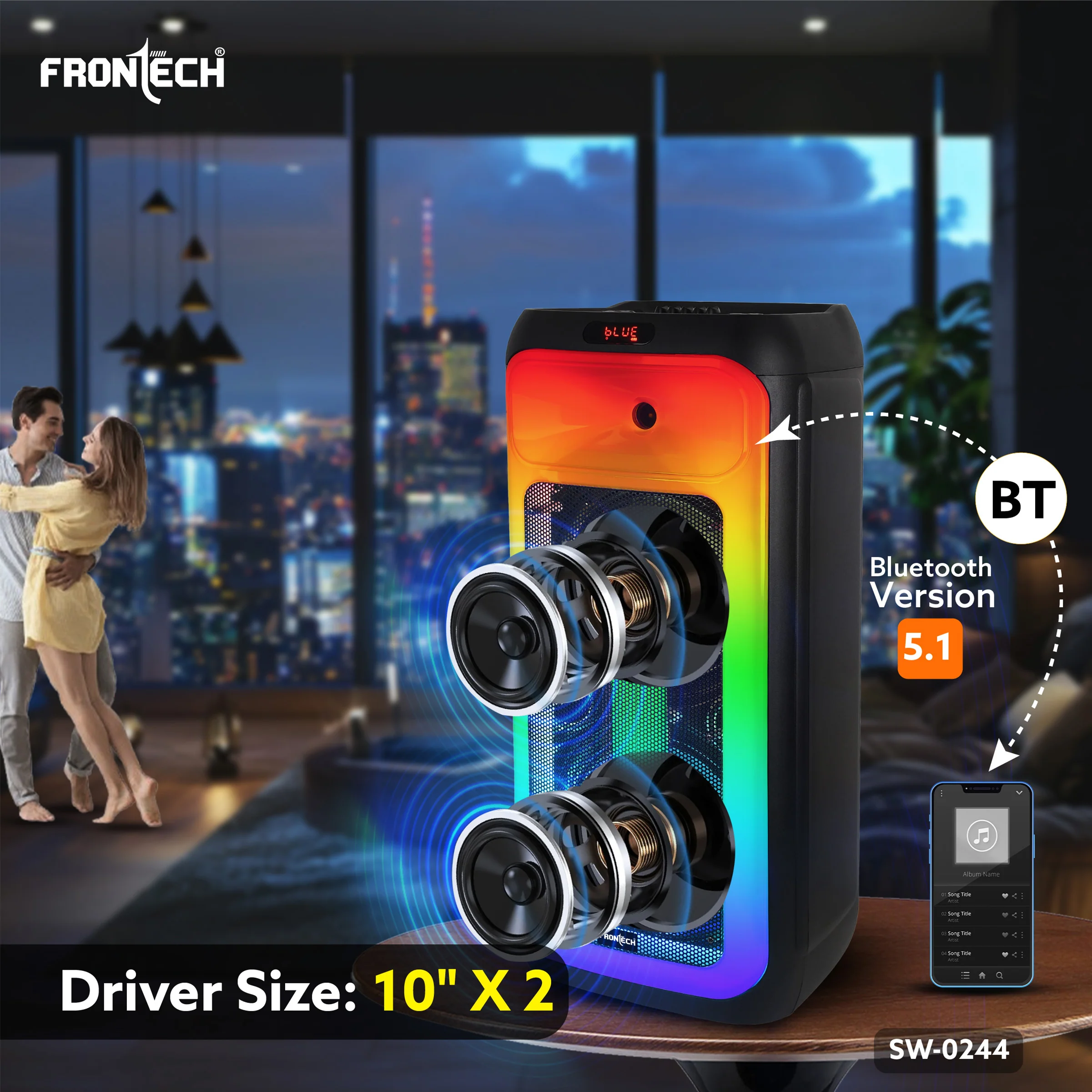 Frontech Smash Pro-244 Trolley Speaker | 120W | Dual 10″ Drivers | RGB | BT 5.1 & TWS | FM/USB | Wireless Mics (SW-0244) - Image 5