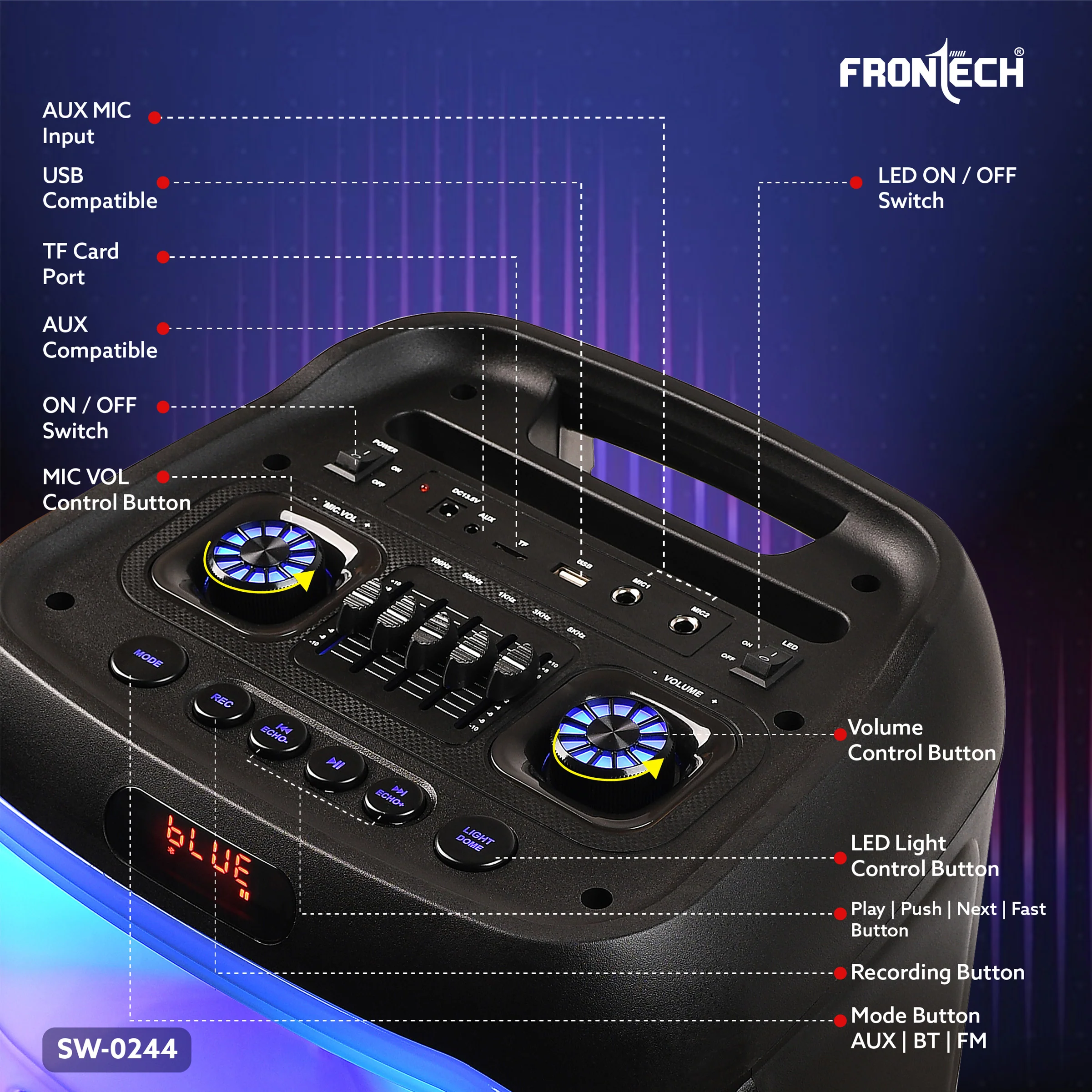 Frontech Smash Pro-244 Trolley Speaker | 120W | Dual 10″ Drivers | RGB | BT 5.1 & TWS | FM/USB | Wireless Mics (SW-0244) - Image 6
