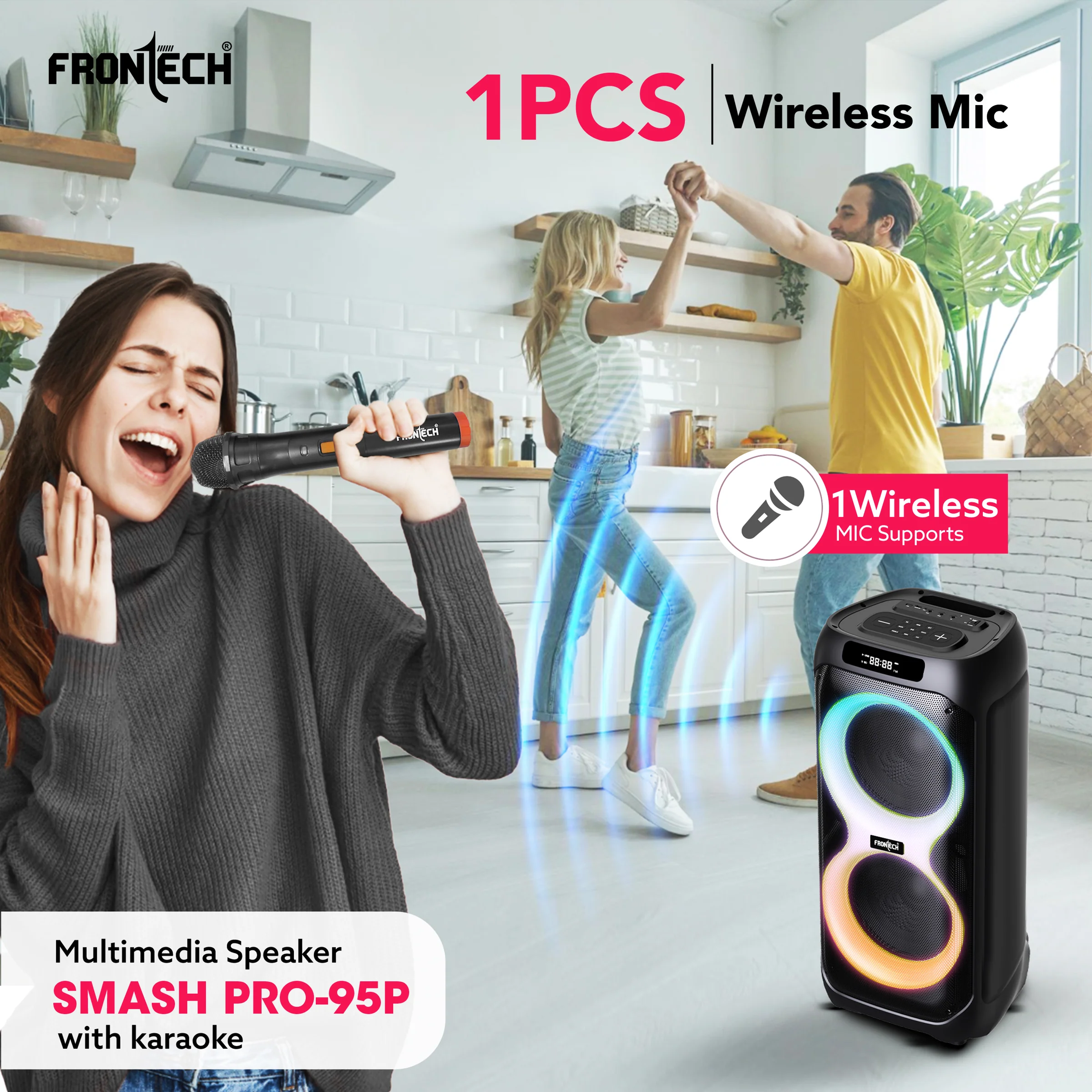 Frontech Smash PRO-95P Multimedia Bluetooth Speaker | 150W Output | RGB Lights | Wireless Mic & Karaoke | Dual 10" Woofers | AUX, USB, TF Card, FM Radio | BT 5.0 | Portable Design | TWS | (SW-0095P) - Image 3