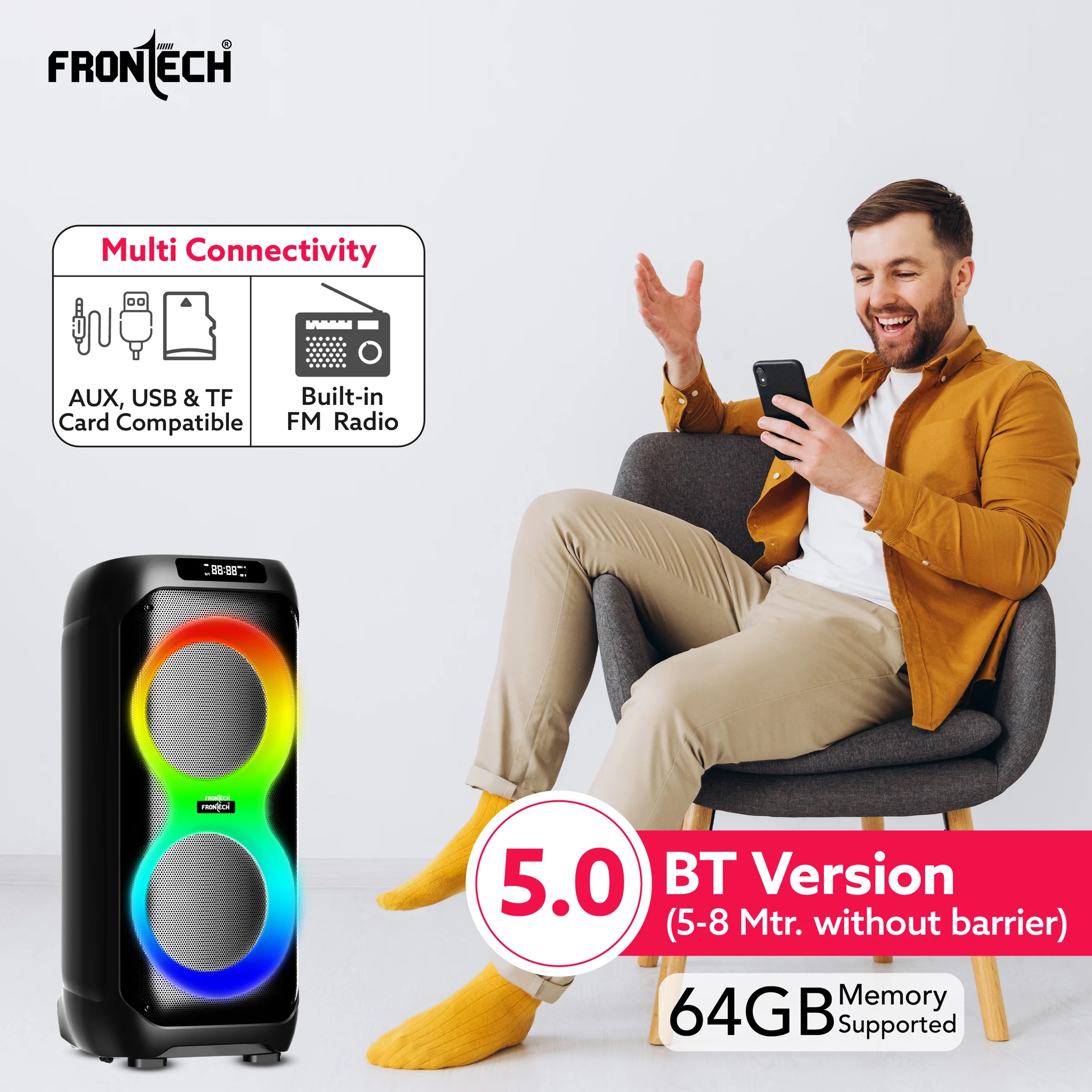 Frontech Smash PRO-95P Multimedia Bluetooth Speaker | 150W Output | RGB Lights | Wireless Mic & Karaoke | Dual 10" Woofers | AUX, USB, TF Card, FM Radio | BT 5.0 | Portable Design | TWS | (SW-0095P) - Image 4