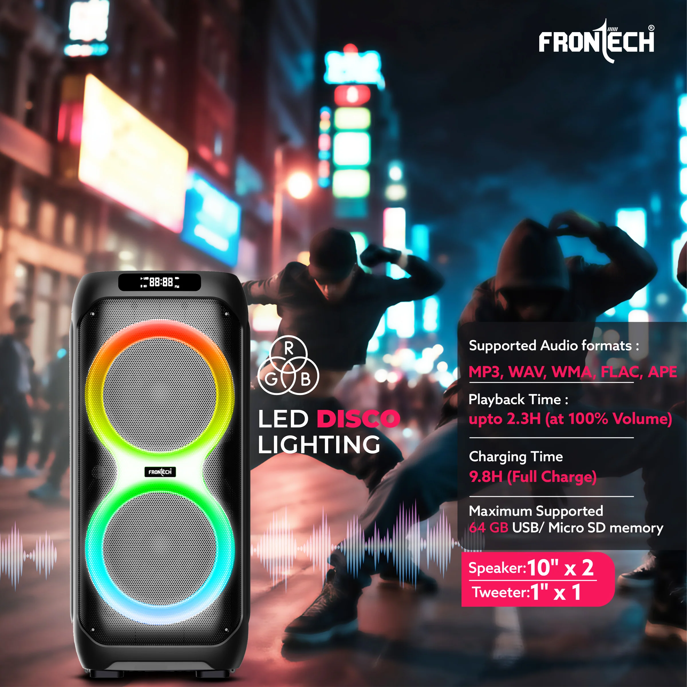Frontech Smash PRO-95P Multimedia Bluetooth Speaker | 150W Output | RGB Lights | Wireless Mic & Karaoke | Dual 10" Woofers | AUX, USB, TF Card, FM Radio | BT 5.0 | Portable Design | TWS | (SW-0095P) - Image 5