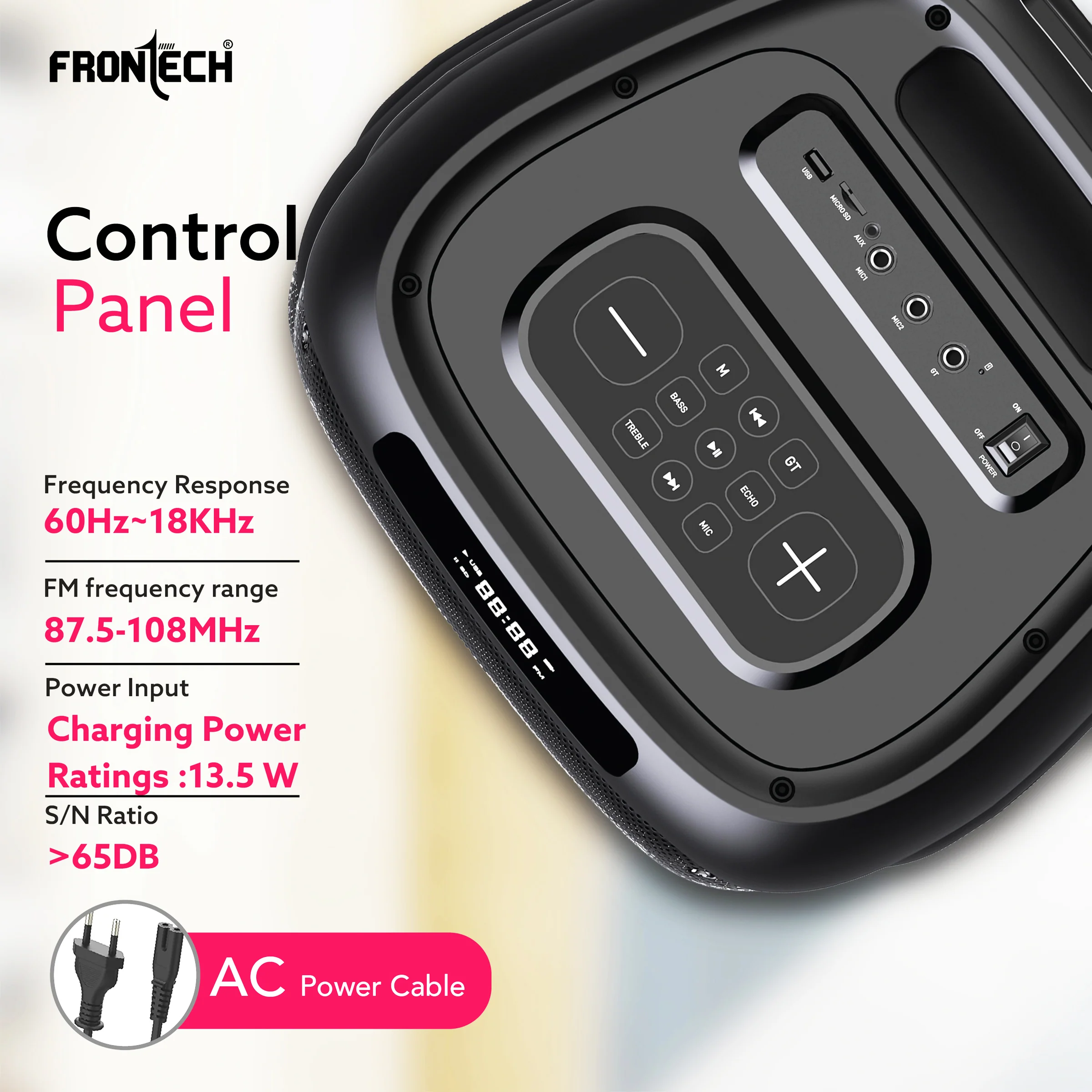 Frontech Smash PRO-95P Multimedia Bluetooth Speaker | 150W Output | RGB Lights | Wireless Mic & Karaoke | Dual 10" Woofers | AUX, USB, TF Card, FM Radio | BT 5.0 | Portable Design | TWS | (SW-0095P) - Image 6