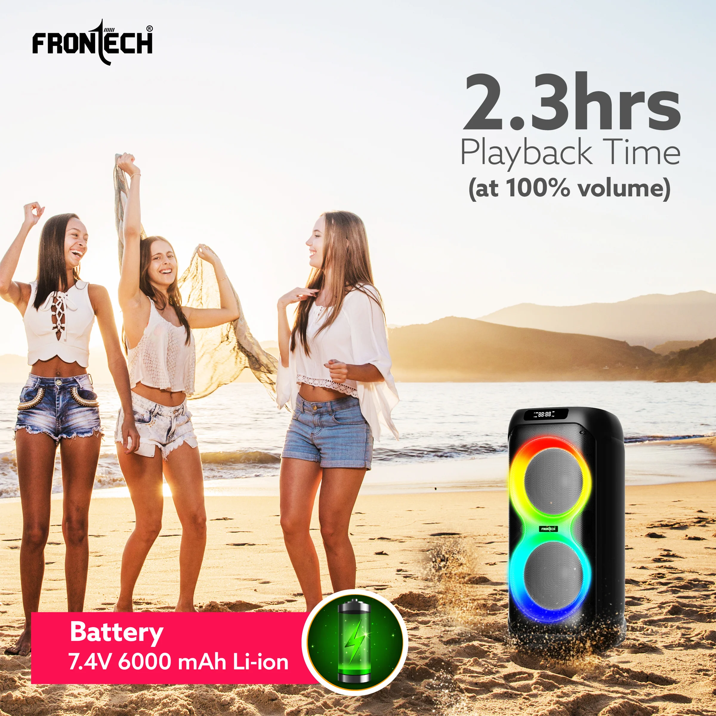 Frontech Smash PRO-95P Multimedia Bluetooth Speaker | 150W Output | RGB Lights | Wireless Mic & Karaoke | Dual 10" Woofers | AUX, USB, TF Card, FM Radio | BT 5.0 | Portable Design | TWS | (SW-0095P) - Image 7