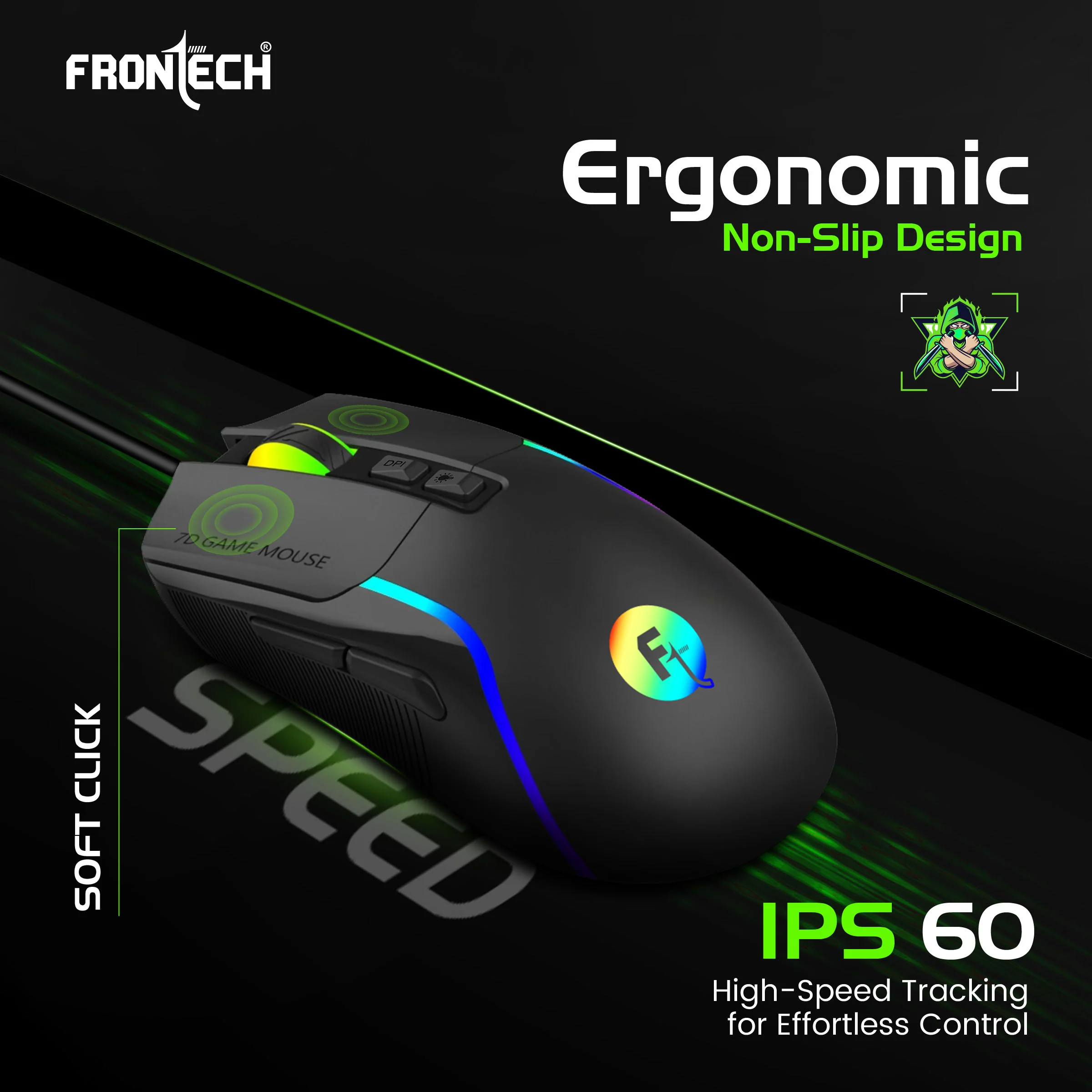 Frontech Spectra X Wired Gaming Mouse | 12,800 DPI Adjustable Sensor | 1000Hz Polling Rate | RGB Backlight | 7 Buttons | 1.5m Braided Cable | 1 Year Warranty (MS-0108) - Image 3