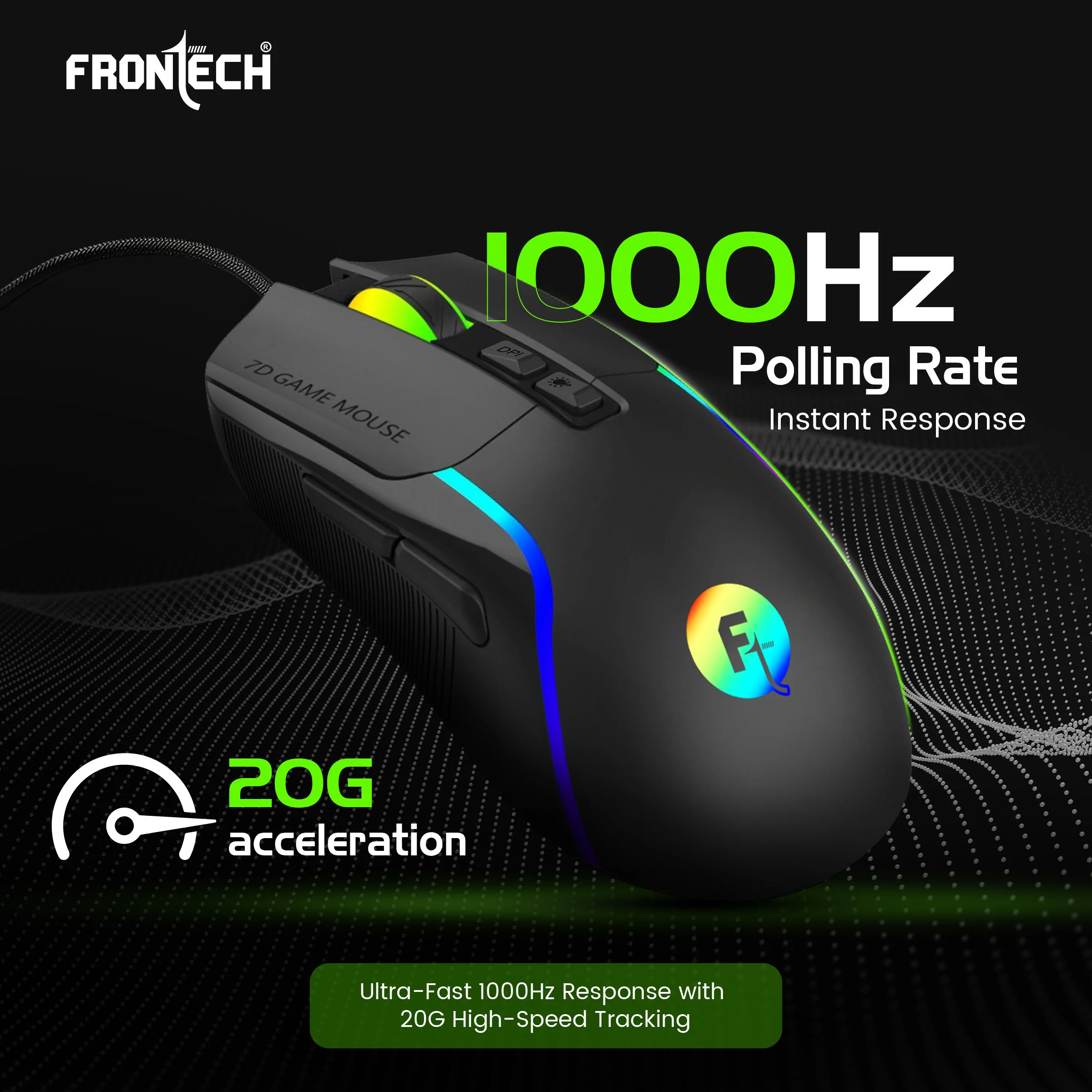 Frontech Spectra X Wired Gaming Mouse | 12,800 DPI Adjustable Sensor | 1000Hz Polling Rate | RGB Backlight | 7 Buttons | 1.5m Braided Cable | 1 Year Warranty (MS-0108) - Image 4