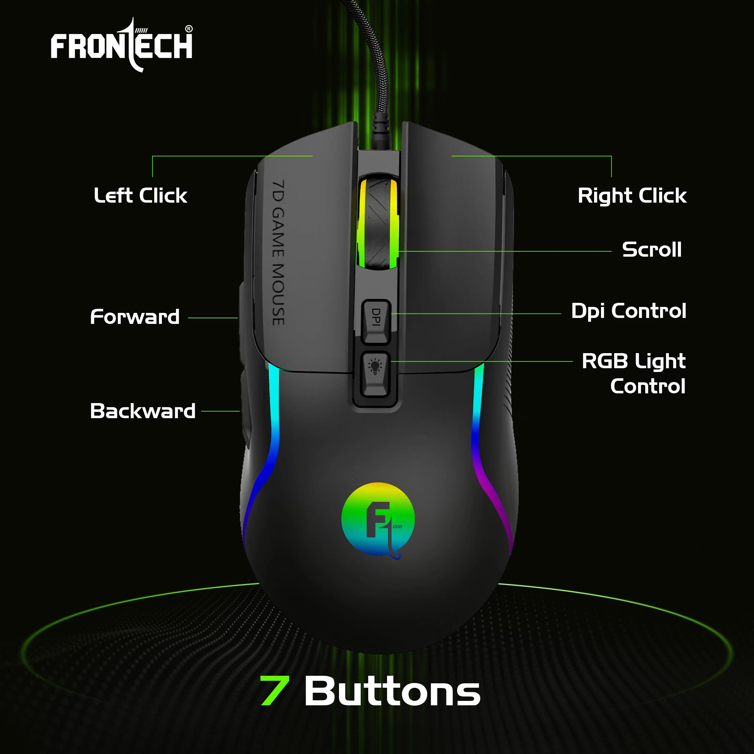 Frontech Spectra X Wired Gaming Mouse | 12,800 DPI Adjustable Sensor | 1000Hz Polling Rate | RGB Backlight | 7 Buttons | 1.5m Braided Cable | 1 Year Warranty (MS-0108) - Image 6
