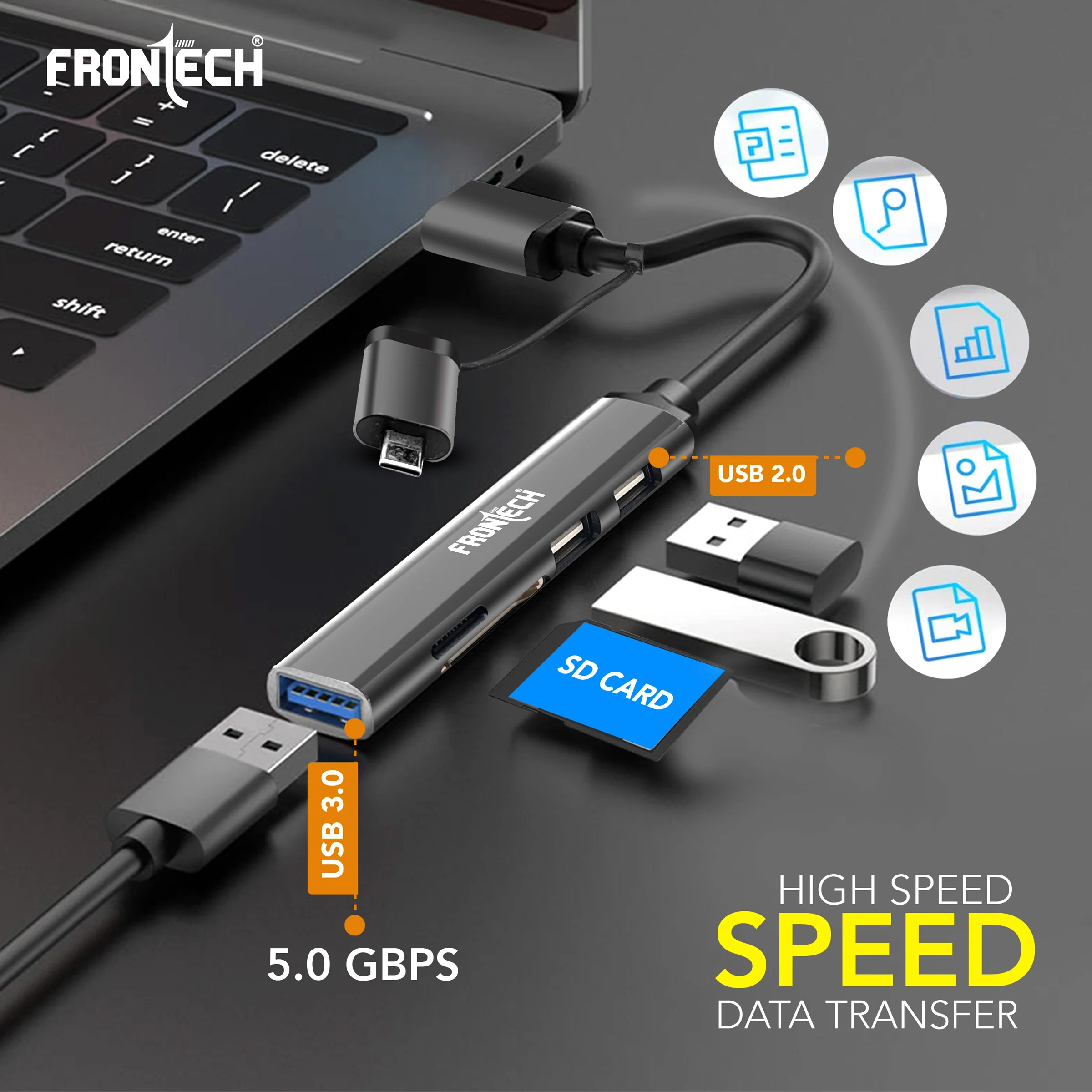 Frontech Type A+C 5 in 1 USB Hub, Upto 5GBPS DataTransfer Speed,Dedicated Card Reader & Micro SD Slot, Universally Compatible with All USB,Speaker,Laptop,Hard Drive,15cm Cable (NC-0040) - Image 4