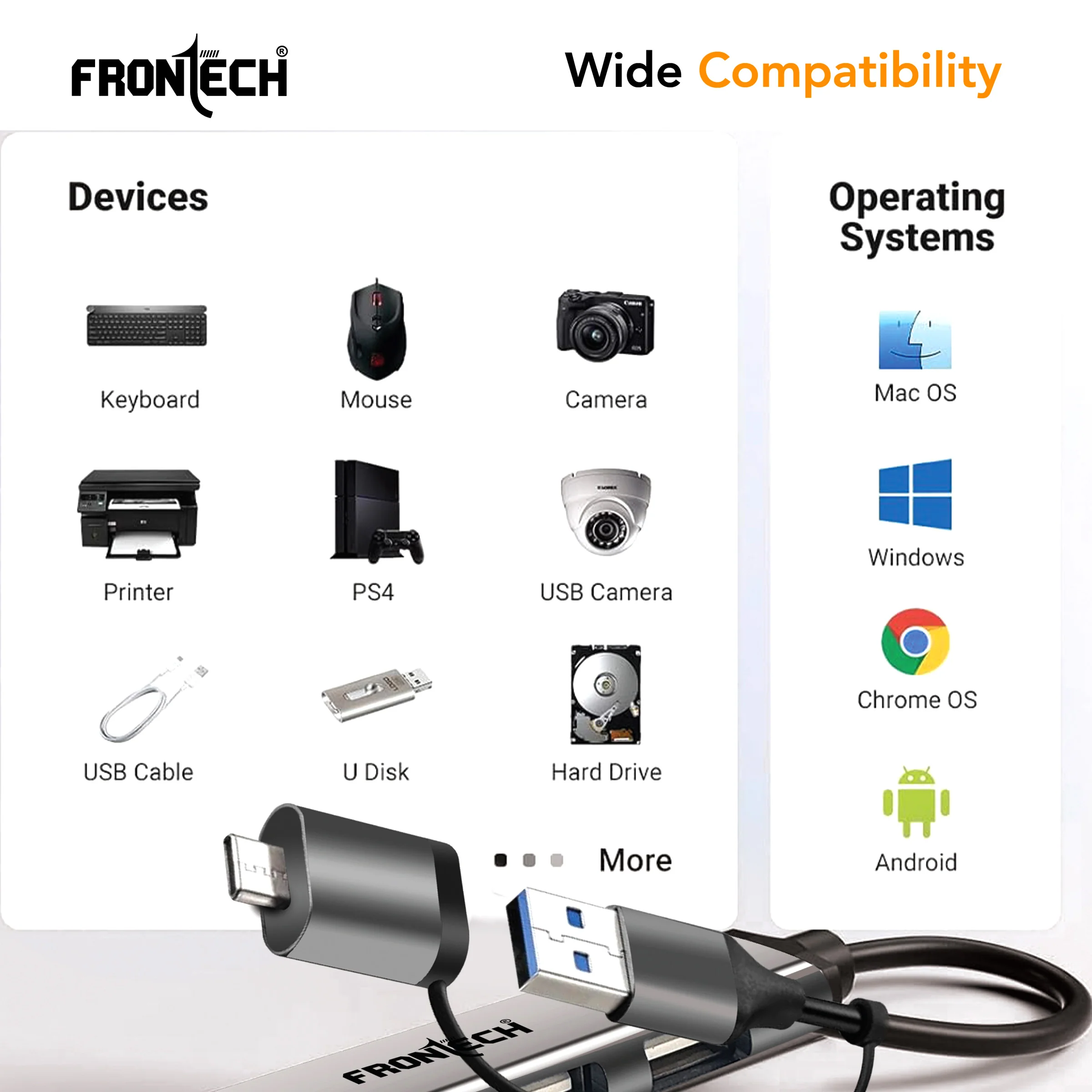 Frontech Type A+C 5 in 1 USB Hub, Upto 5GBPS DataTransfer Speed,Dedicated Card Reader & Micro SD Slot, Universally Compatible with All USB,Speaker,Laptop,Hard Drive,15cm Cable (NC-0040) - Image 5