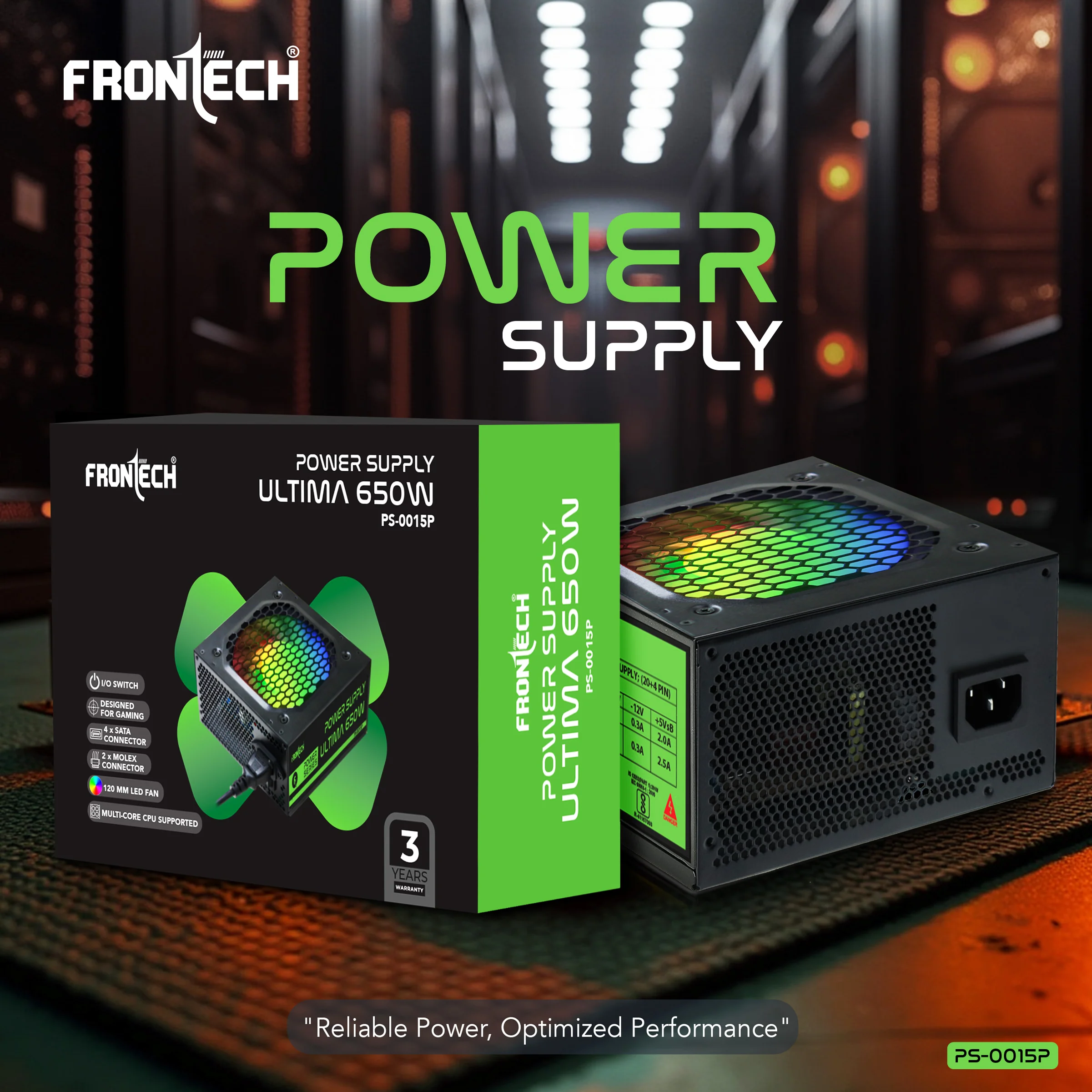 Frontech Ultima 650W Power Supply with 120mm RGB Fan, ATX 12V, DC-DC PFC, 4 SATA, 2 Molex, PCI-E (6+2), Sleeved Cables, OCP/OVP/SCP Protections & 3-Year Warranty (PS-0015P) - Image 3