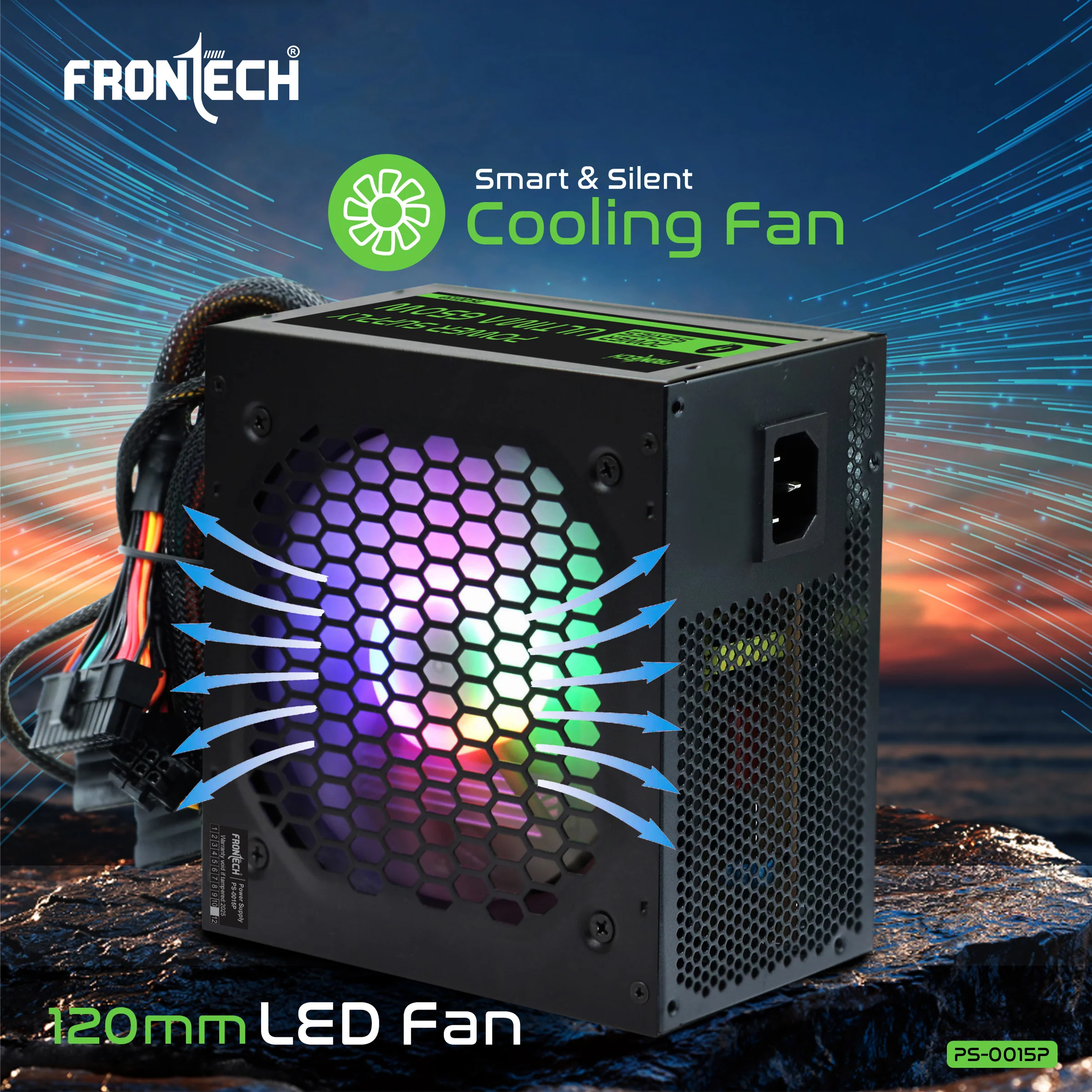 Frontech Ultima 650W Power Supply with 120mm RGB Fan, ATX 12V, DC-DC PFC, 4 SATA, 2 Molex, PCI-E (6+2), Sleeved Cables, OCP/OVP/SCP Protections & 3-Year Warranty (PS-0015P) - Image 4
